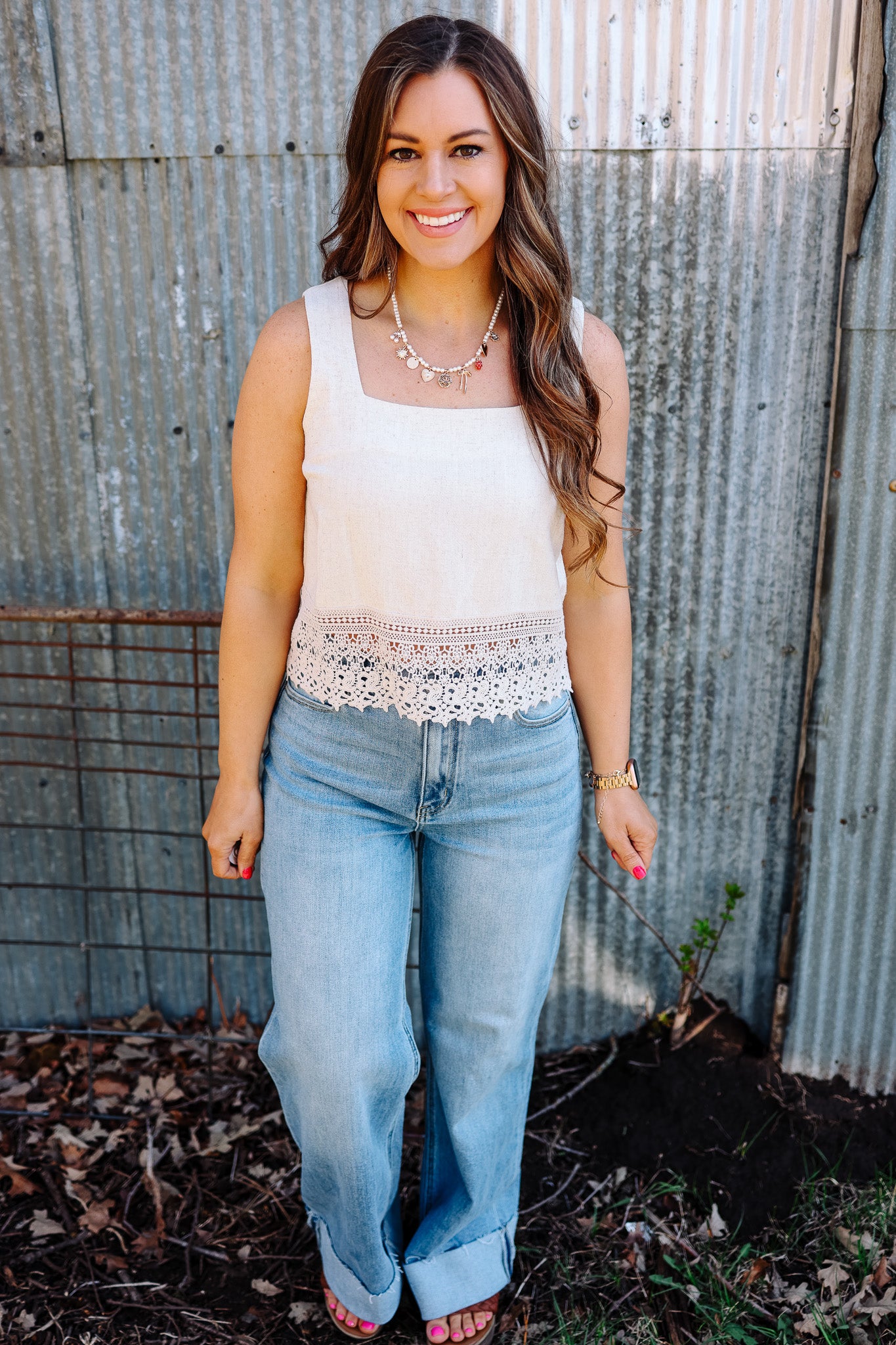 Maddy Crochet Lace Trimmed Tank - Oatmeal