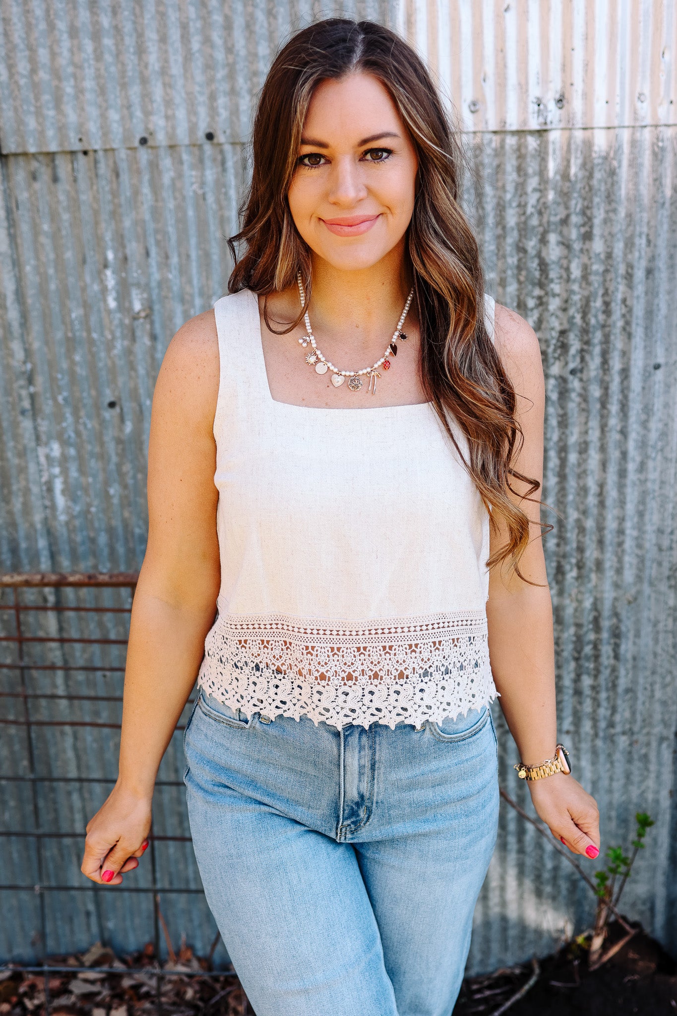 Maddy Crochet Lace Trimmed Tank - Oatmeal