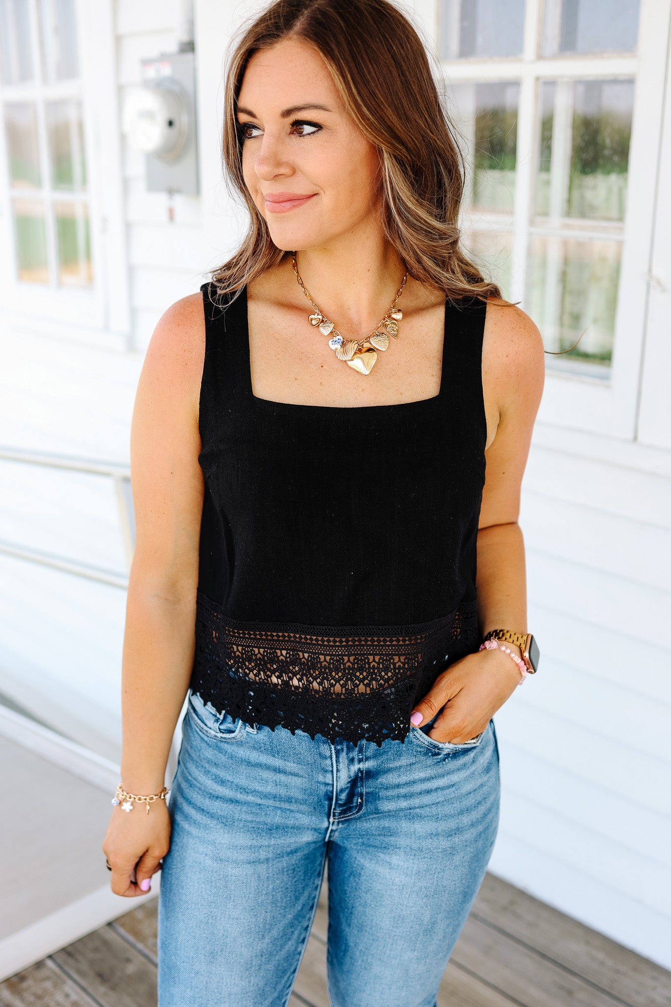 Maddy Crochet Lace Trimmed Tank - Black