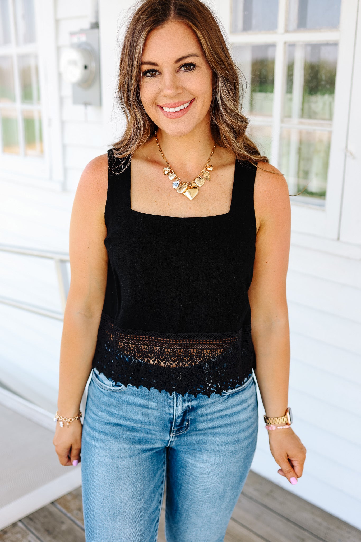 Maddy Crochet Lace Trimmed Tank - Black