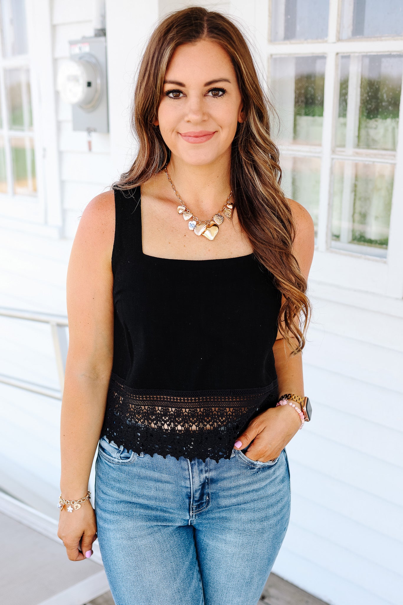 Maddy Crochet Lace Trimmed Tank - Black