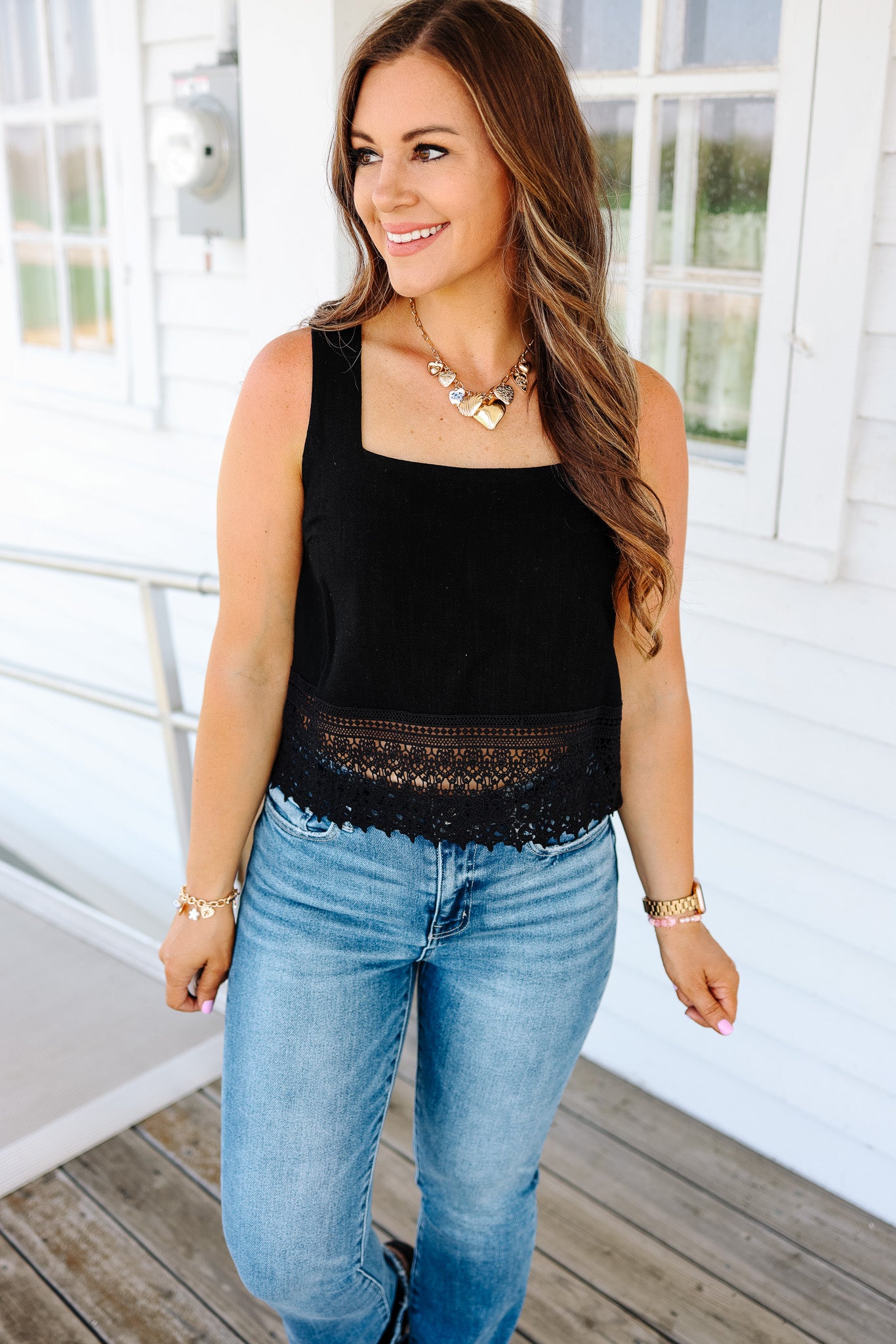 Maddy Crochet Lace Trimmed Tank - Black