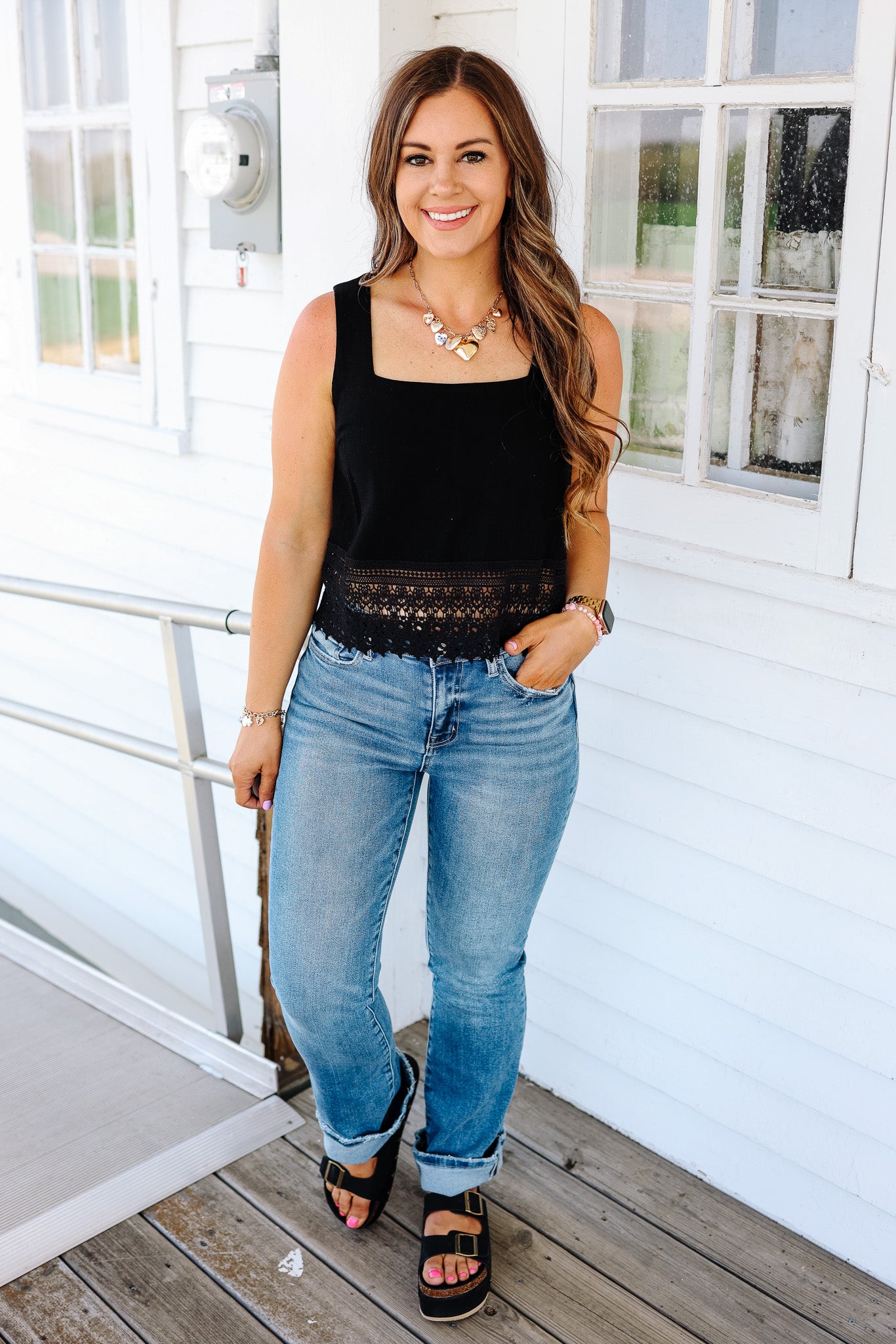 Maddy Crochet Lace Trimmed Tank - Black