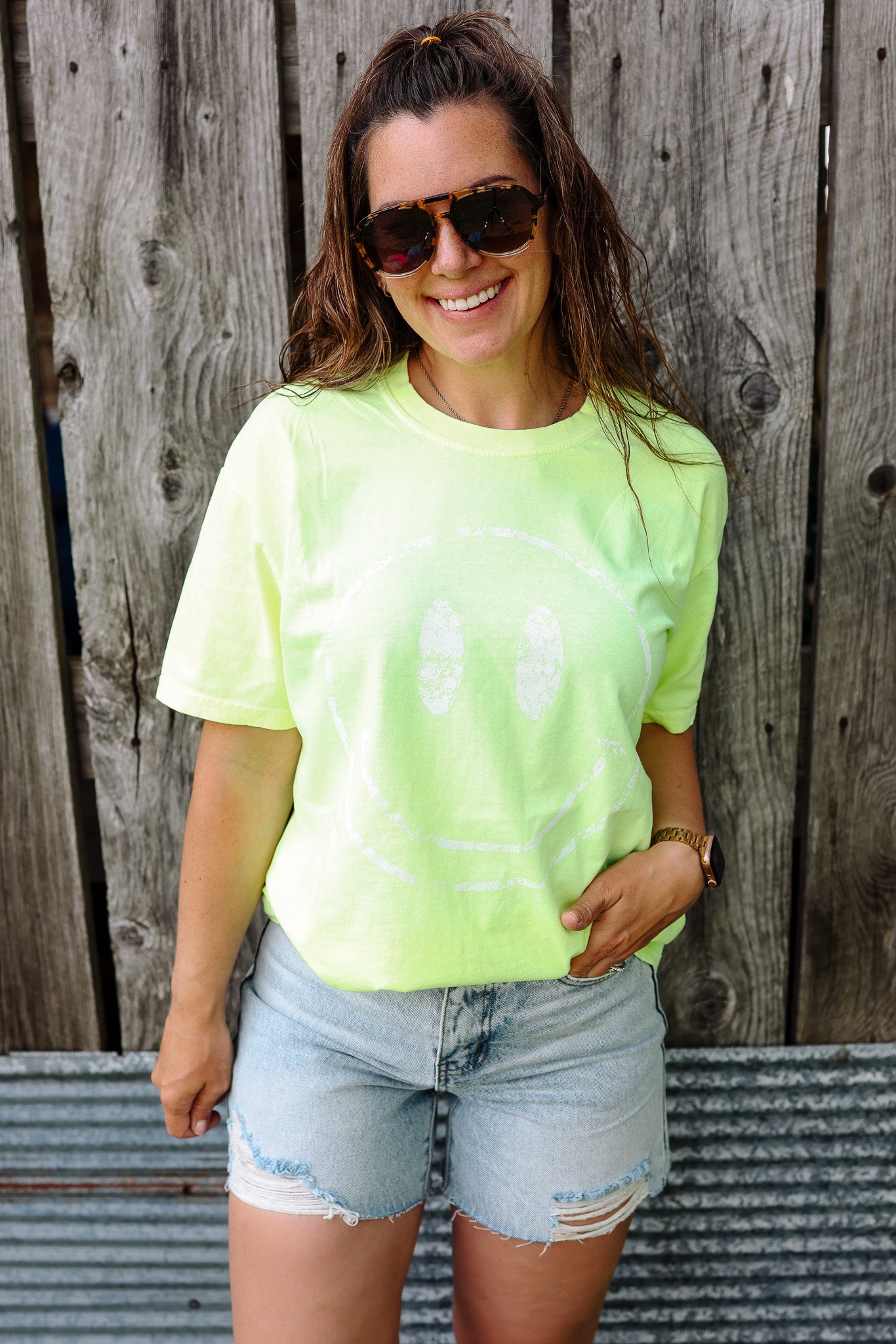 Neon Happy Face Graphic Tee - Multiple Colors