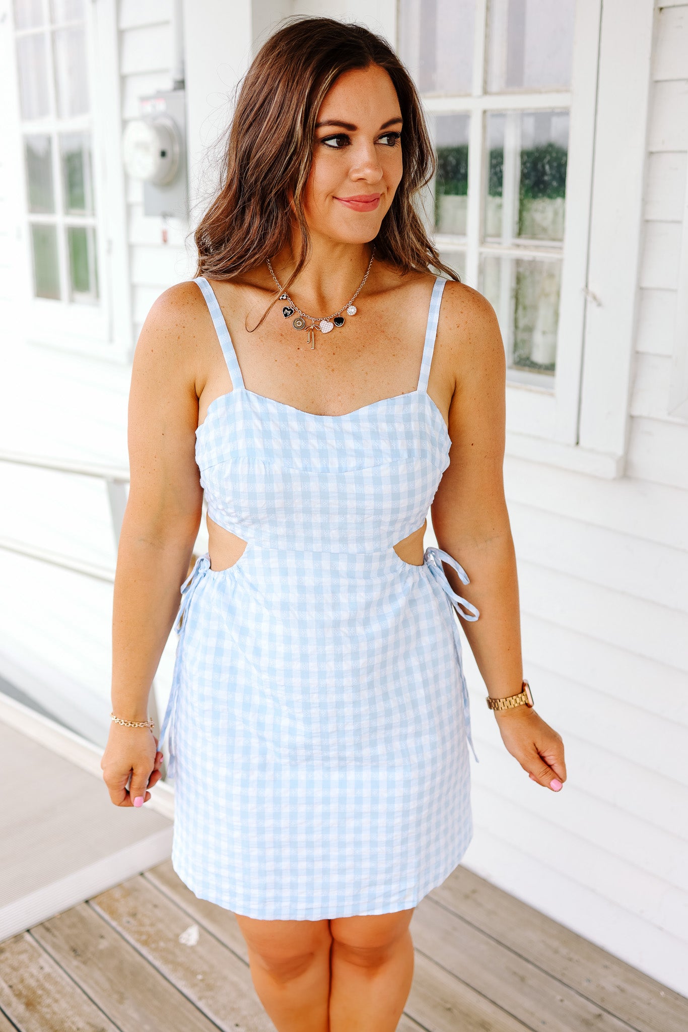 Gingham Sweetheart Neck Dress - Baby Blue