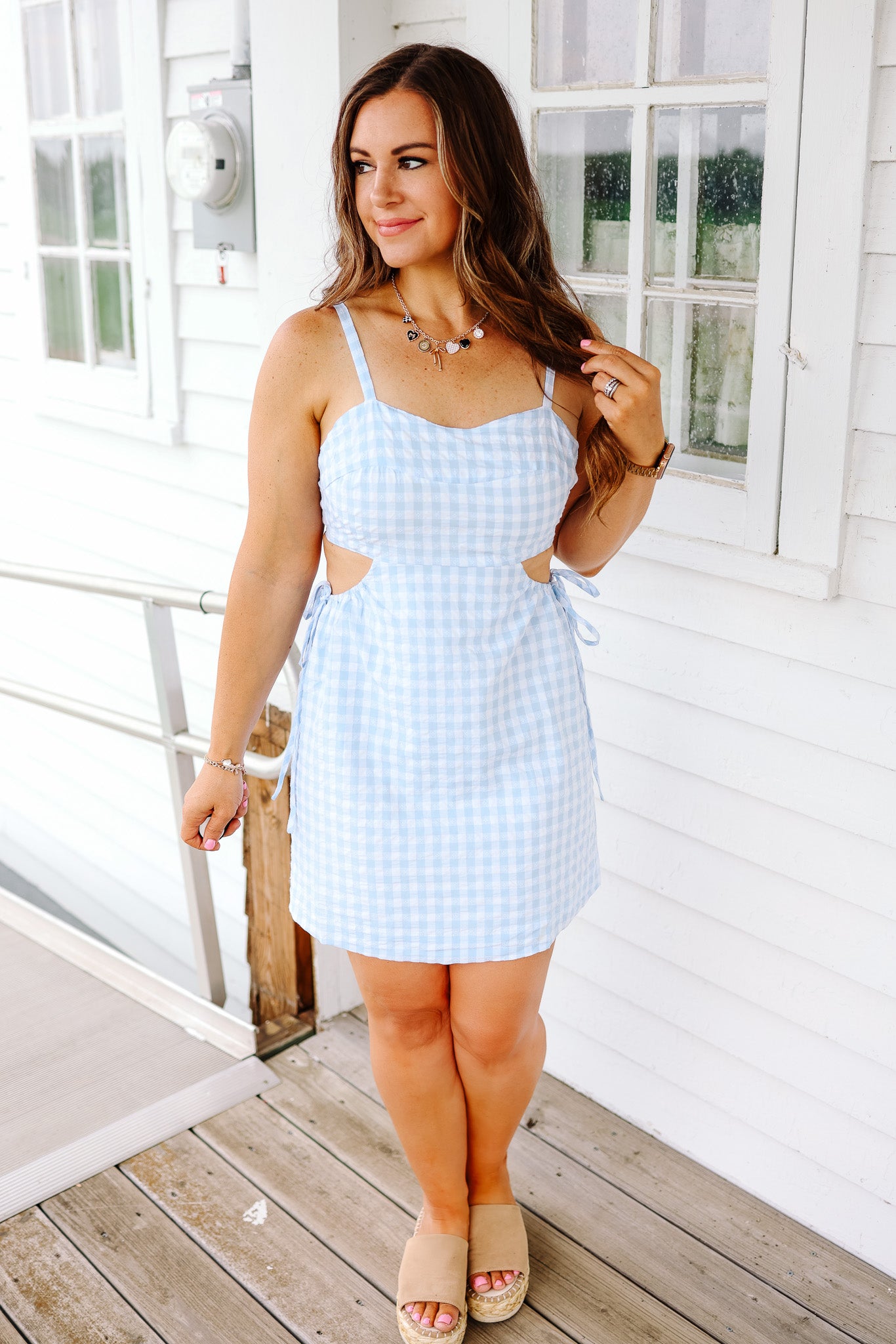 Gingham Sweetheart Neck Dress - Baby Blue