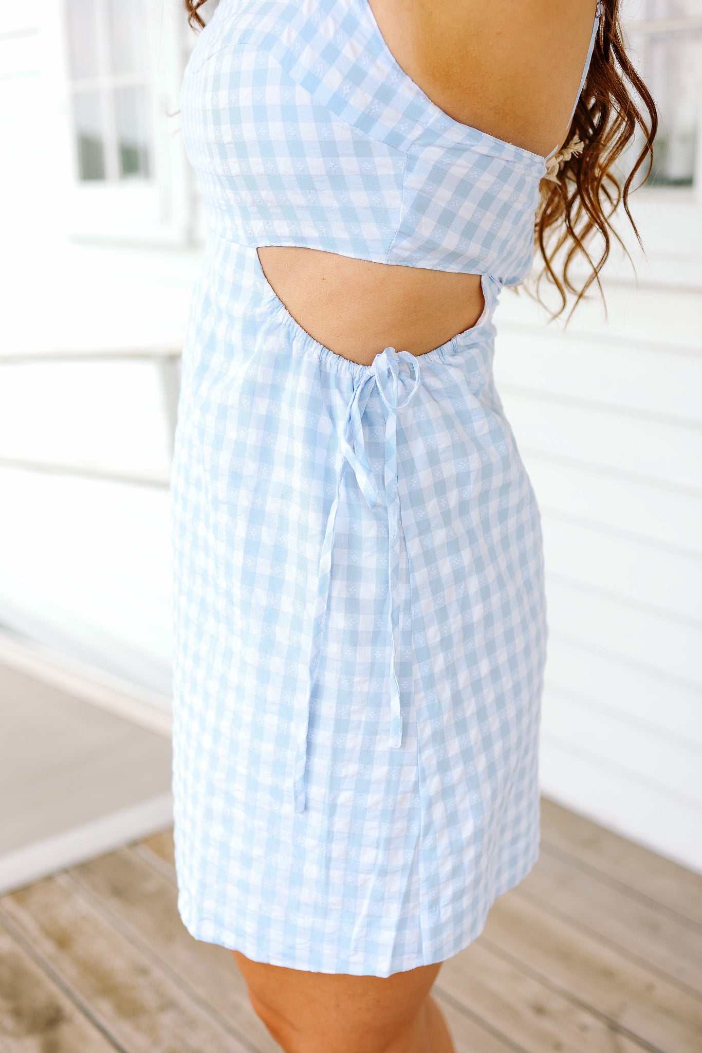 Gingham Sweetheart Neck Dress - Baby Blue