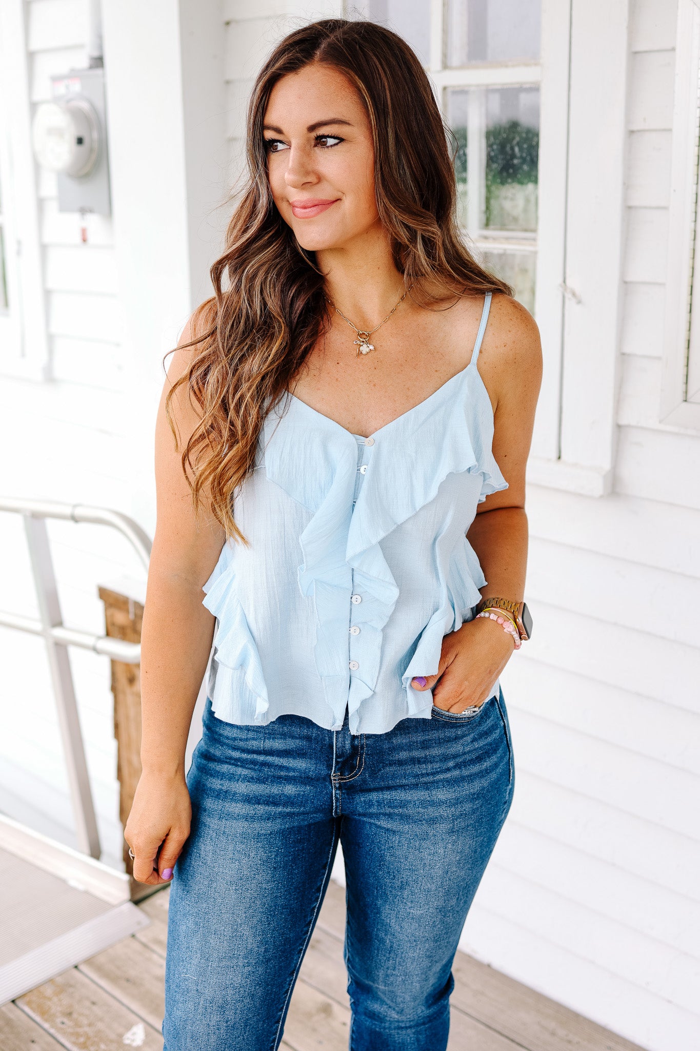 Dina Flowy Button Down Cami - Powder Blue