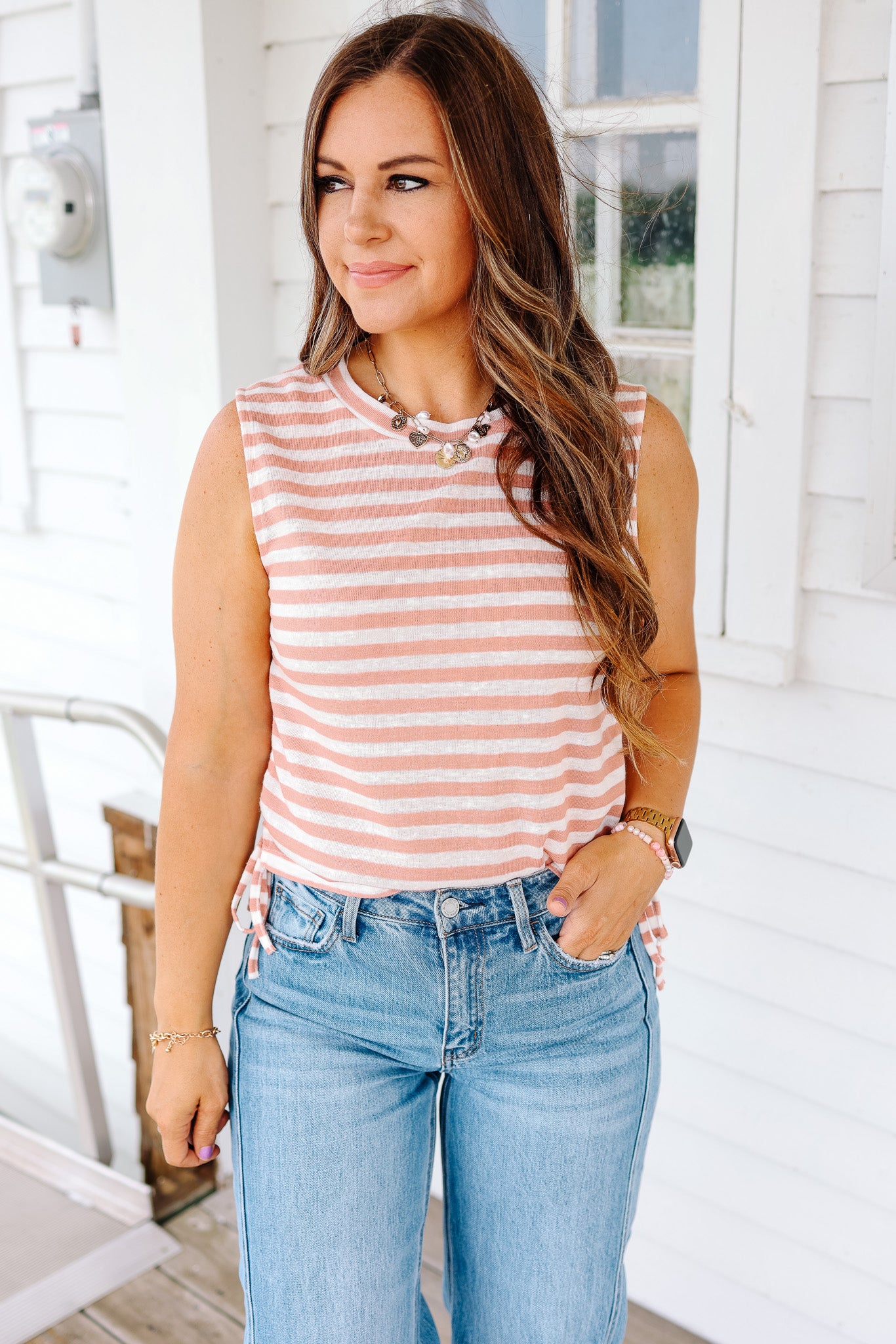 Kaia Side Ruched Muscle Tank - Apricot