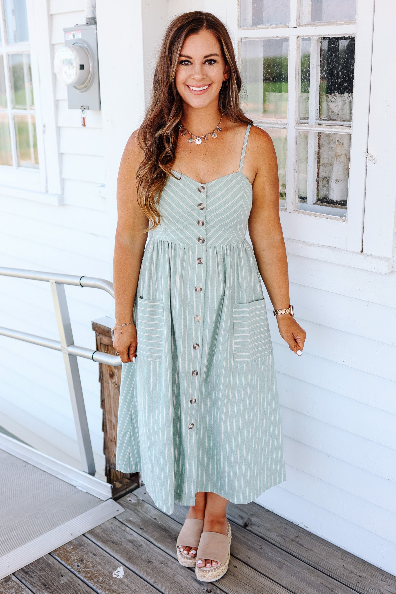 Vivi Striped Linen Midi Dress - Mint
