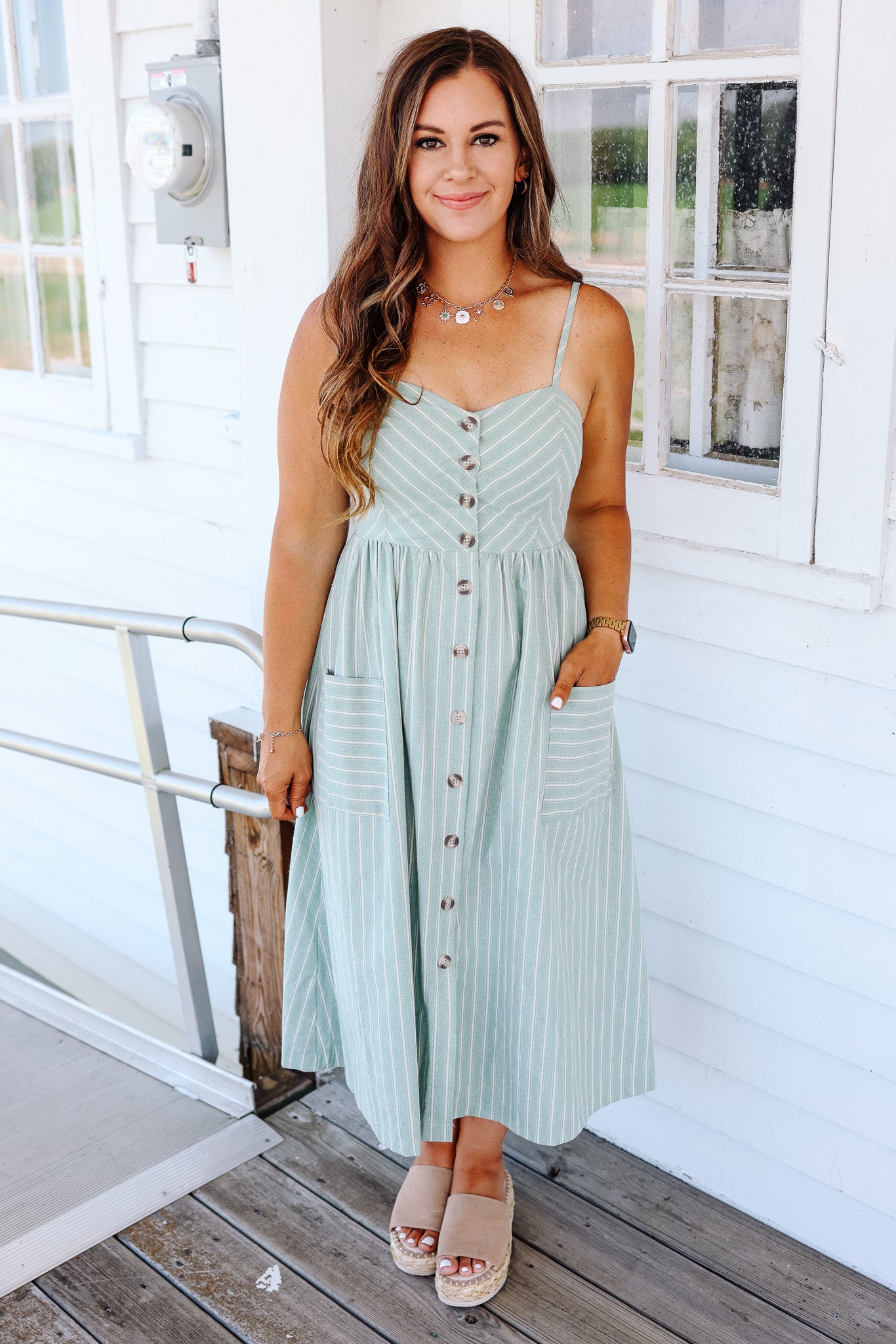 Vivi Striped Linen Midi Dress - Mint