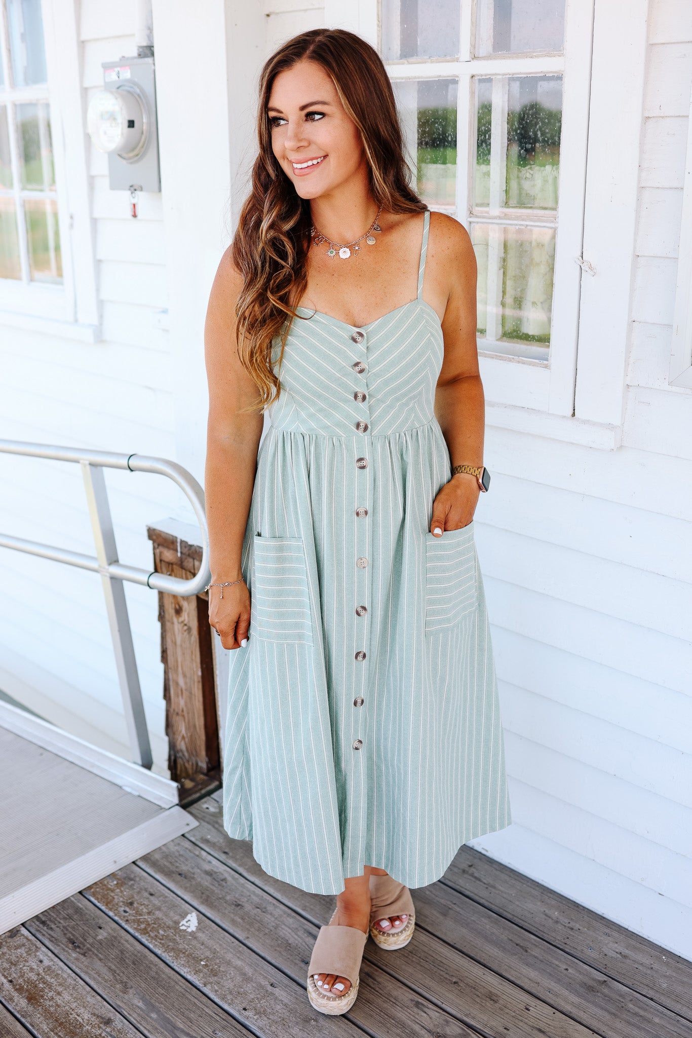 Vivi Striped Linen Midi Dress - Mint