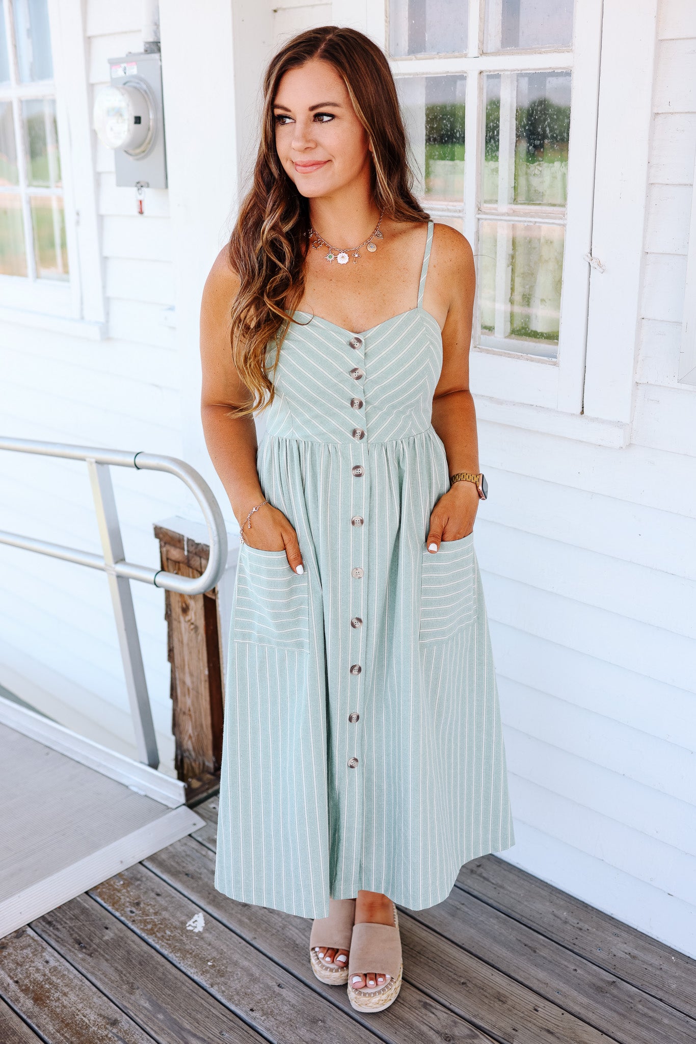 Vivi Striped Linen Midi Dress - Mint