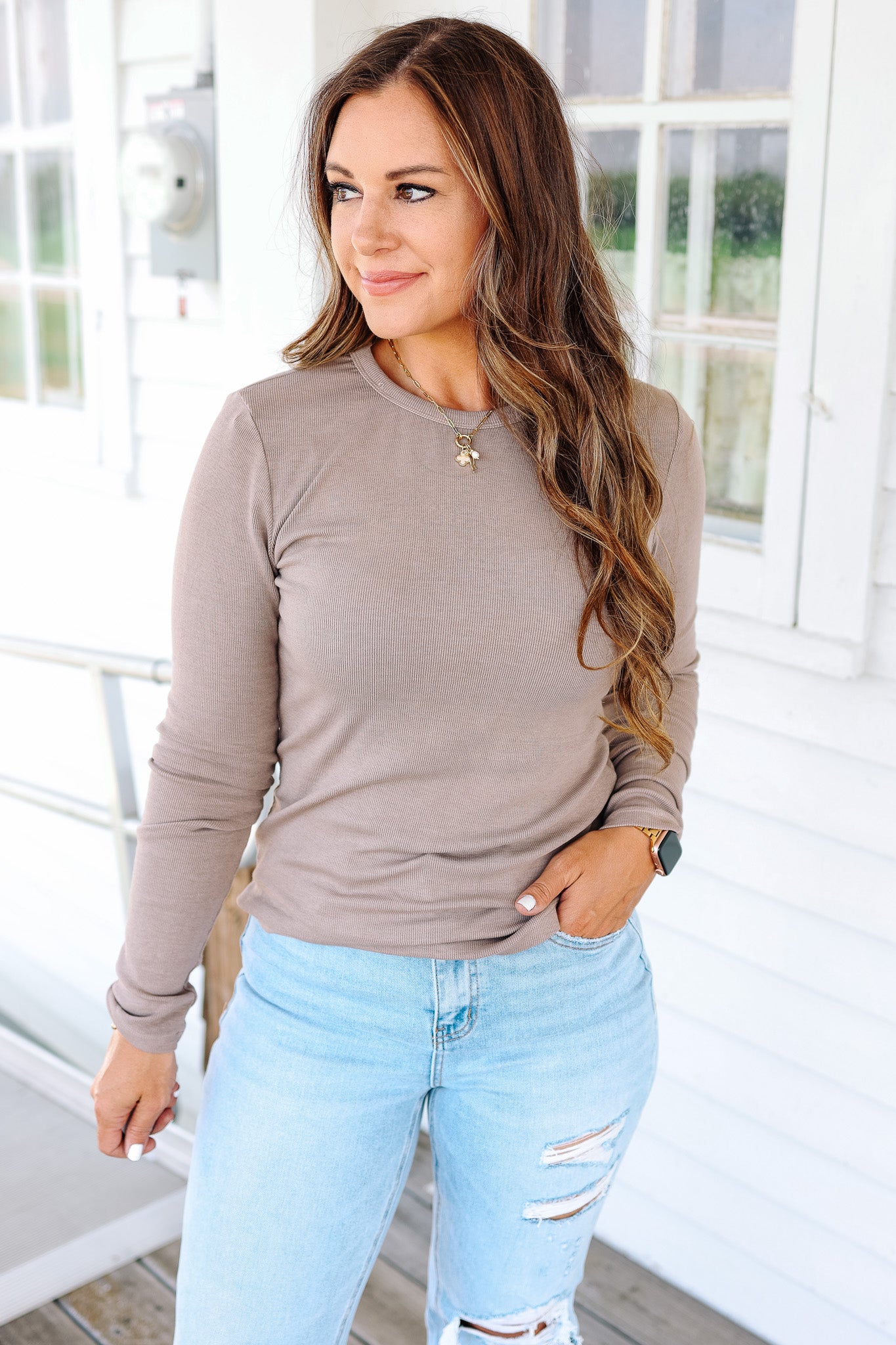 Amelia Crew Neck Long Sleeve - Taupe