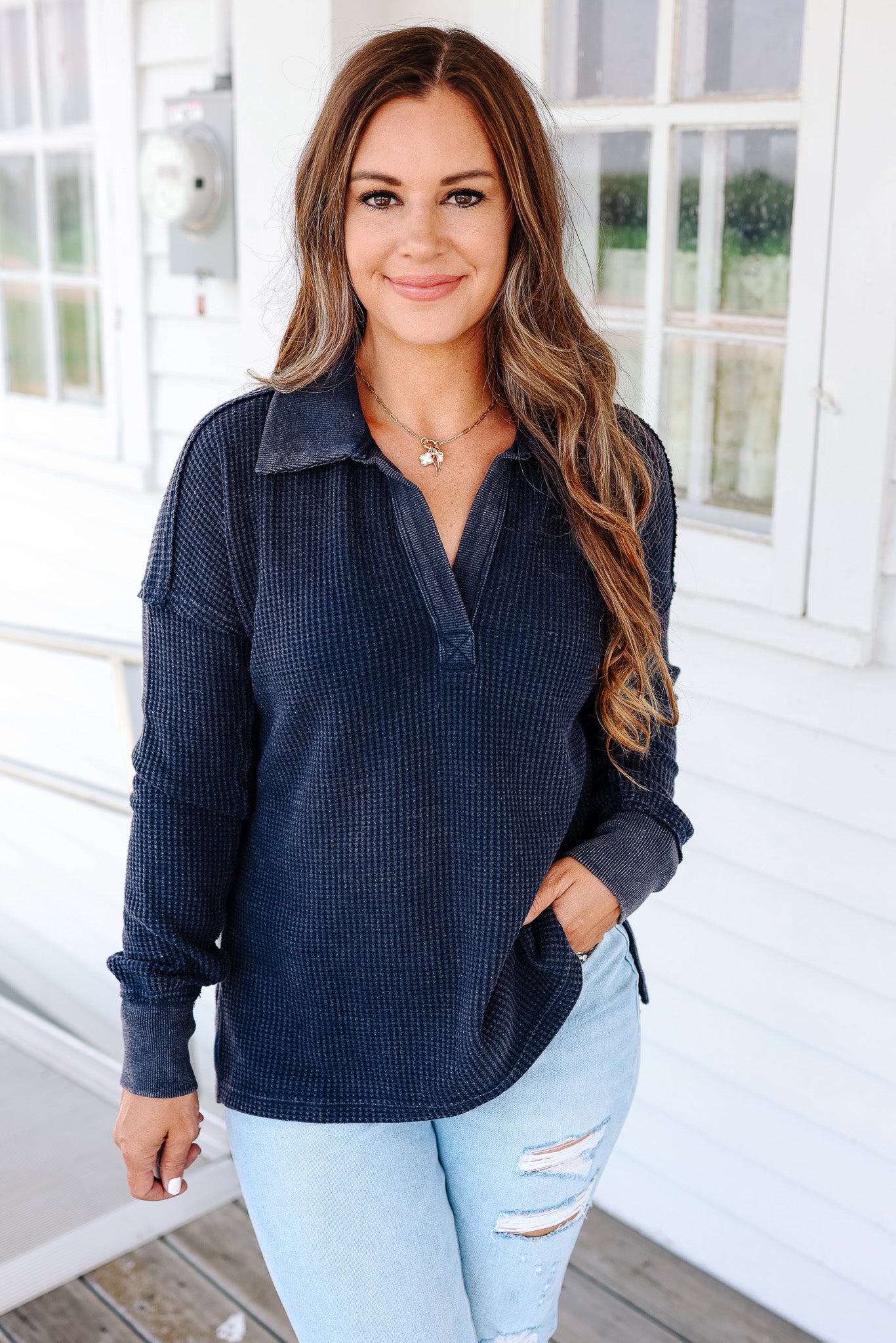 Erin Washed Thermal Top - Navy