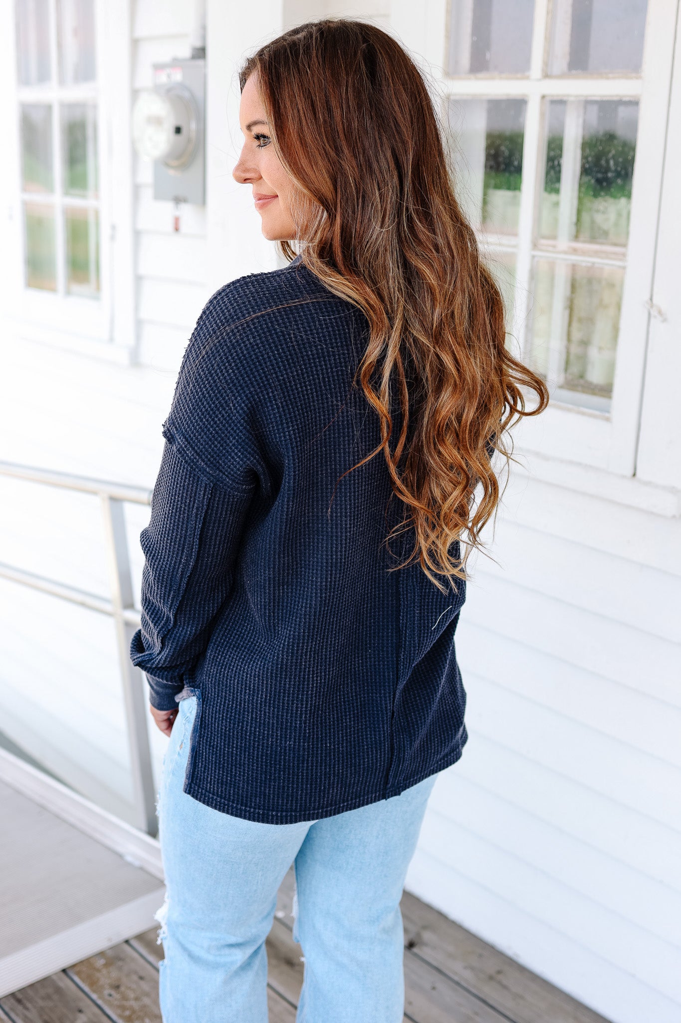Erin Washed Thermal Top - Navy