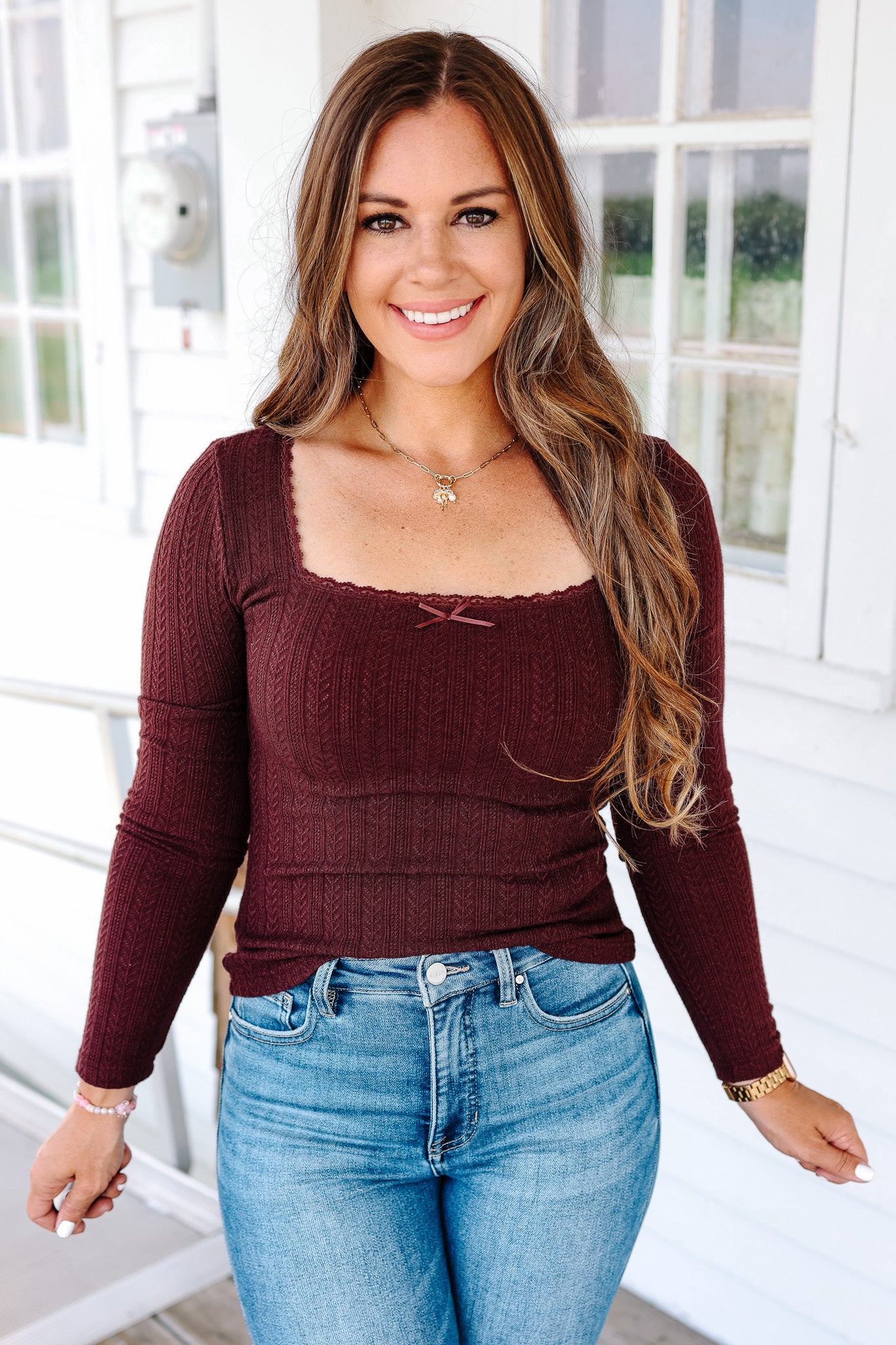 Holly Lace Edge Pointelle Top - Bordeux