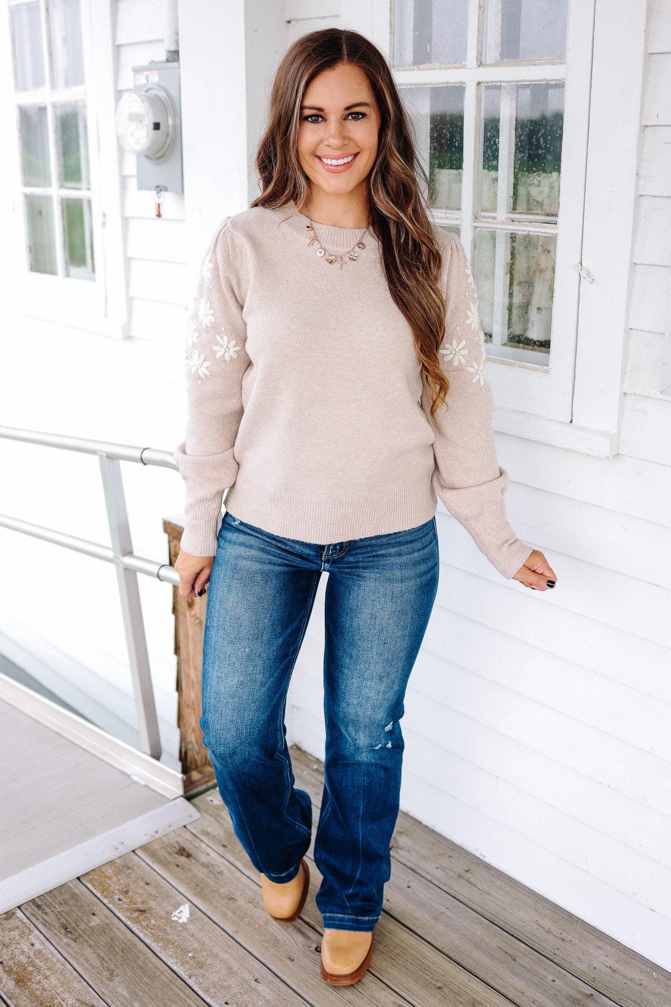 Kali Floral Embroidery Sleeve Sweater - Taupe