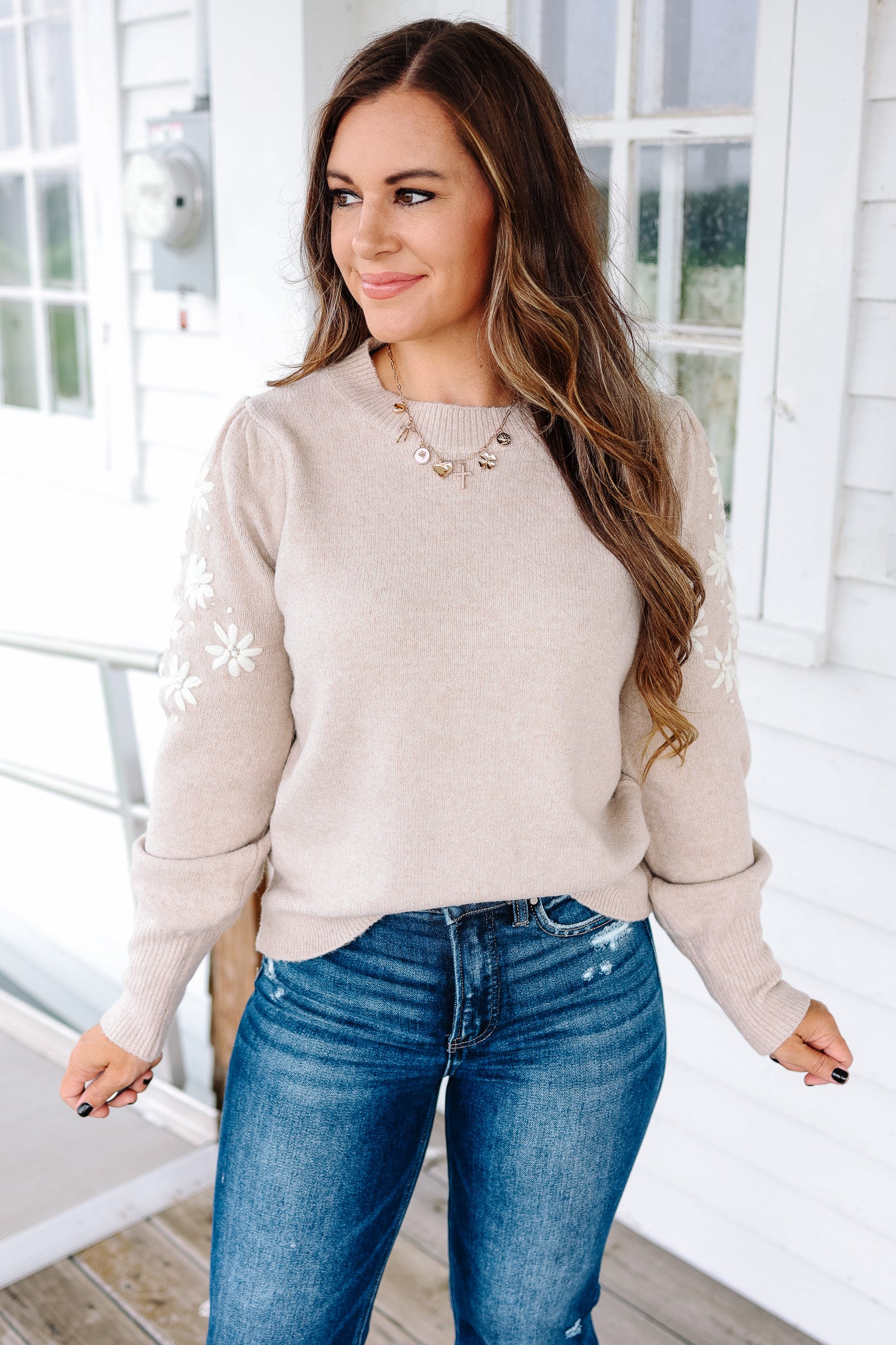 Kali Floral Embroidery Sleeve Sweater - Taupe