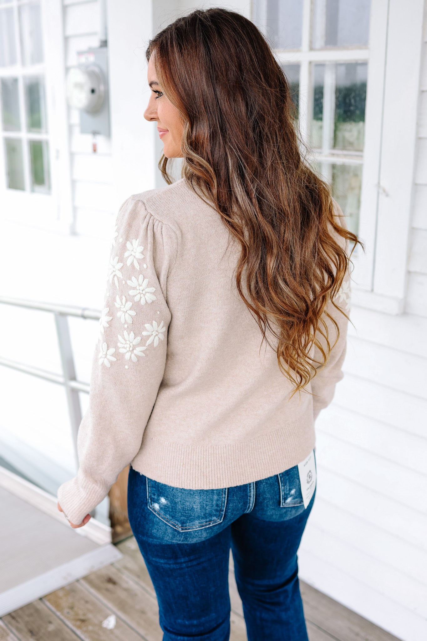 Kali Floral Embroidery Sleeve Sweater - Taupe