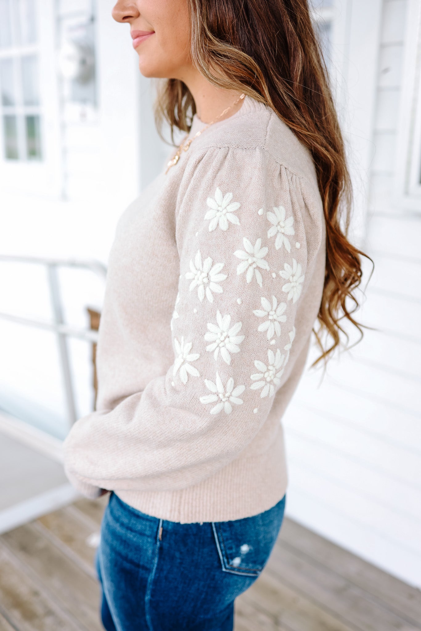 Kali Floral Embroidery Sleeve Sweater - Taupe