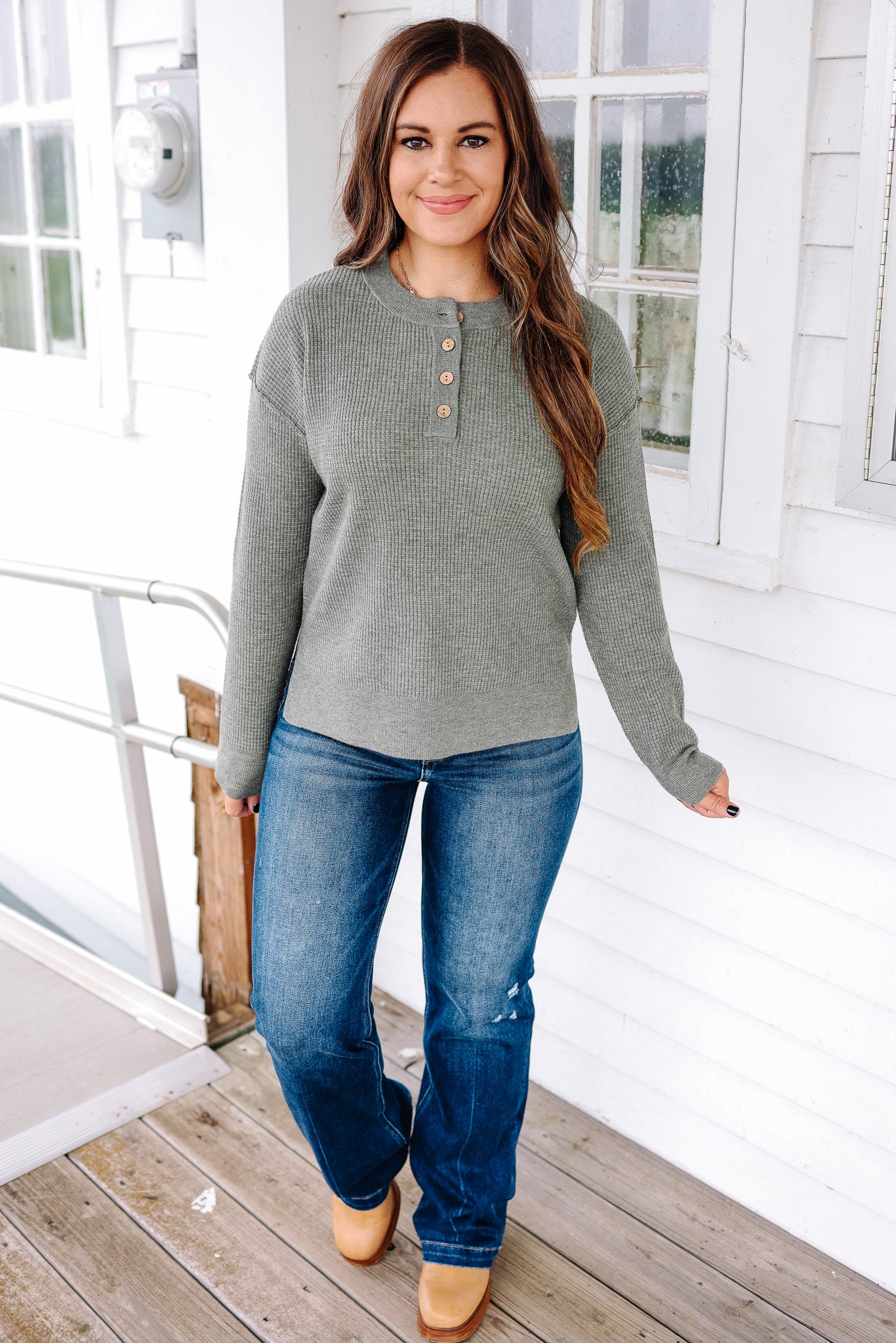 Gianna Waffle Sweater - Olive