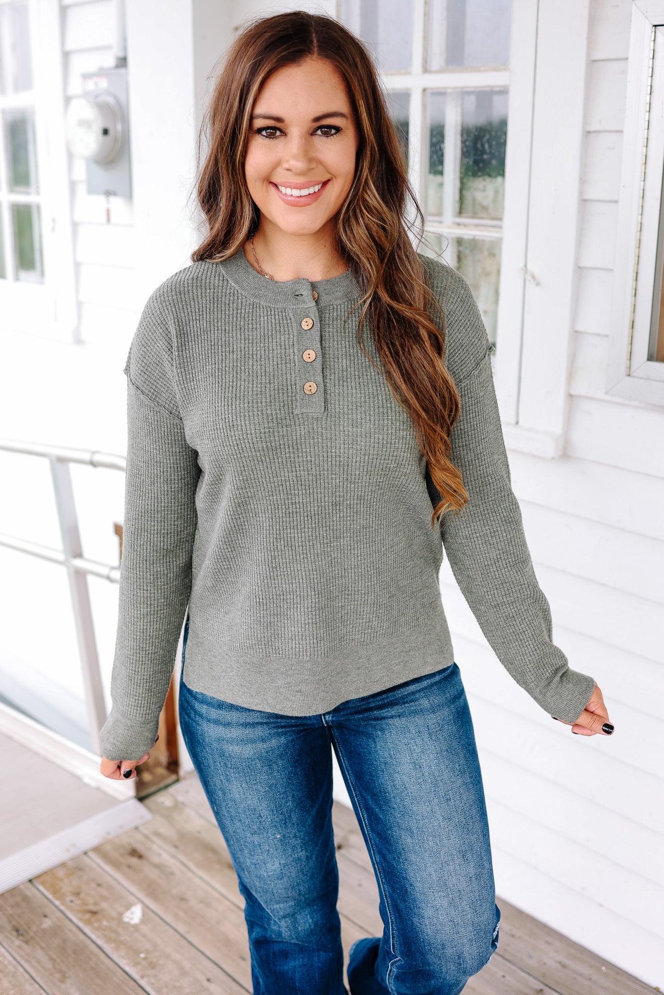 Gianna Waffle Sweater - Olive