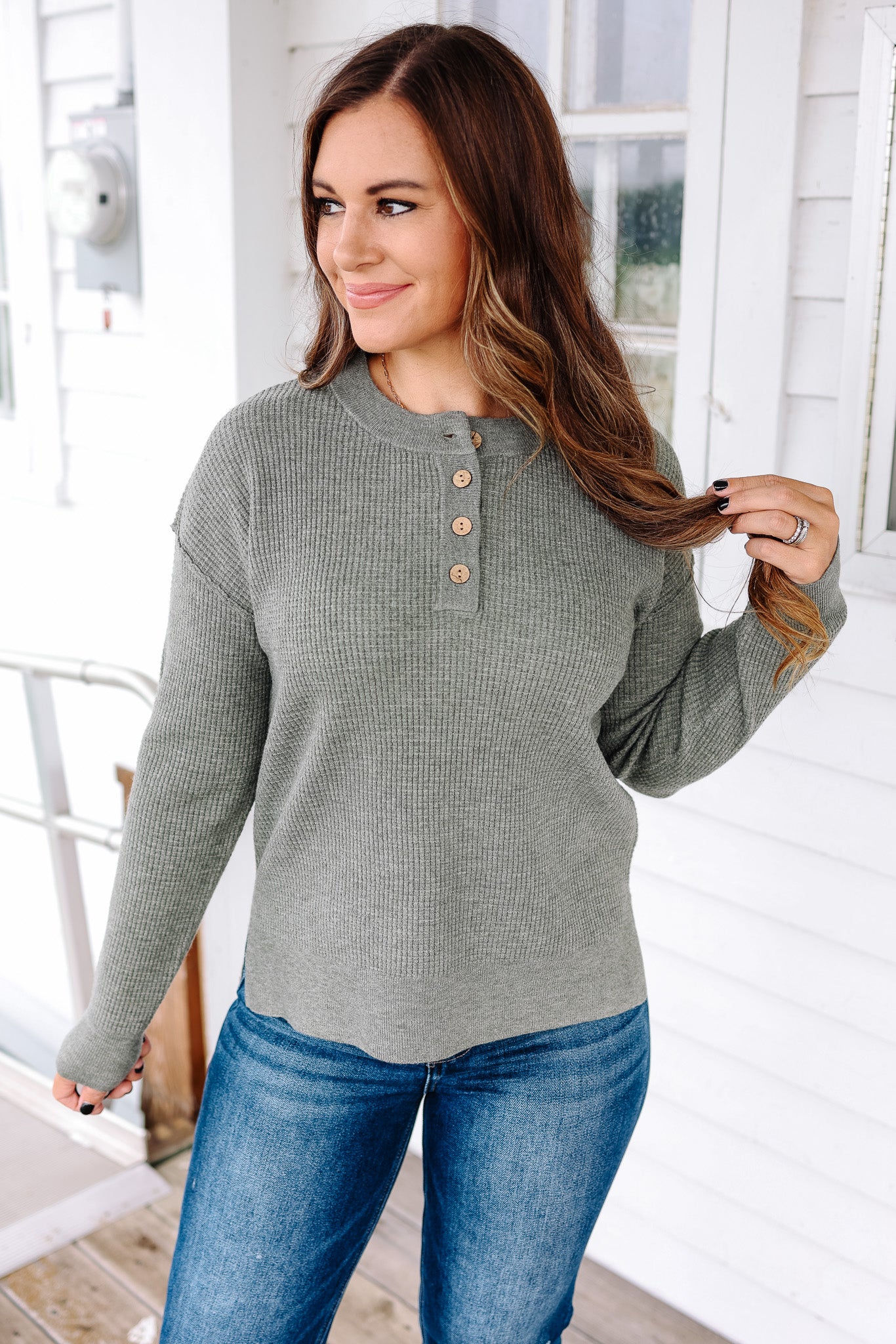 Gianna Waffle Sweater - Olive