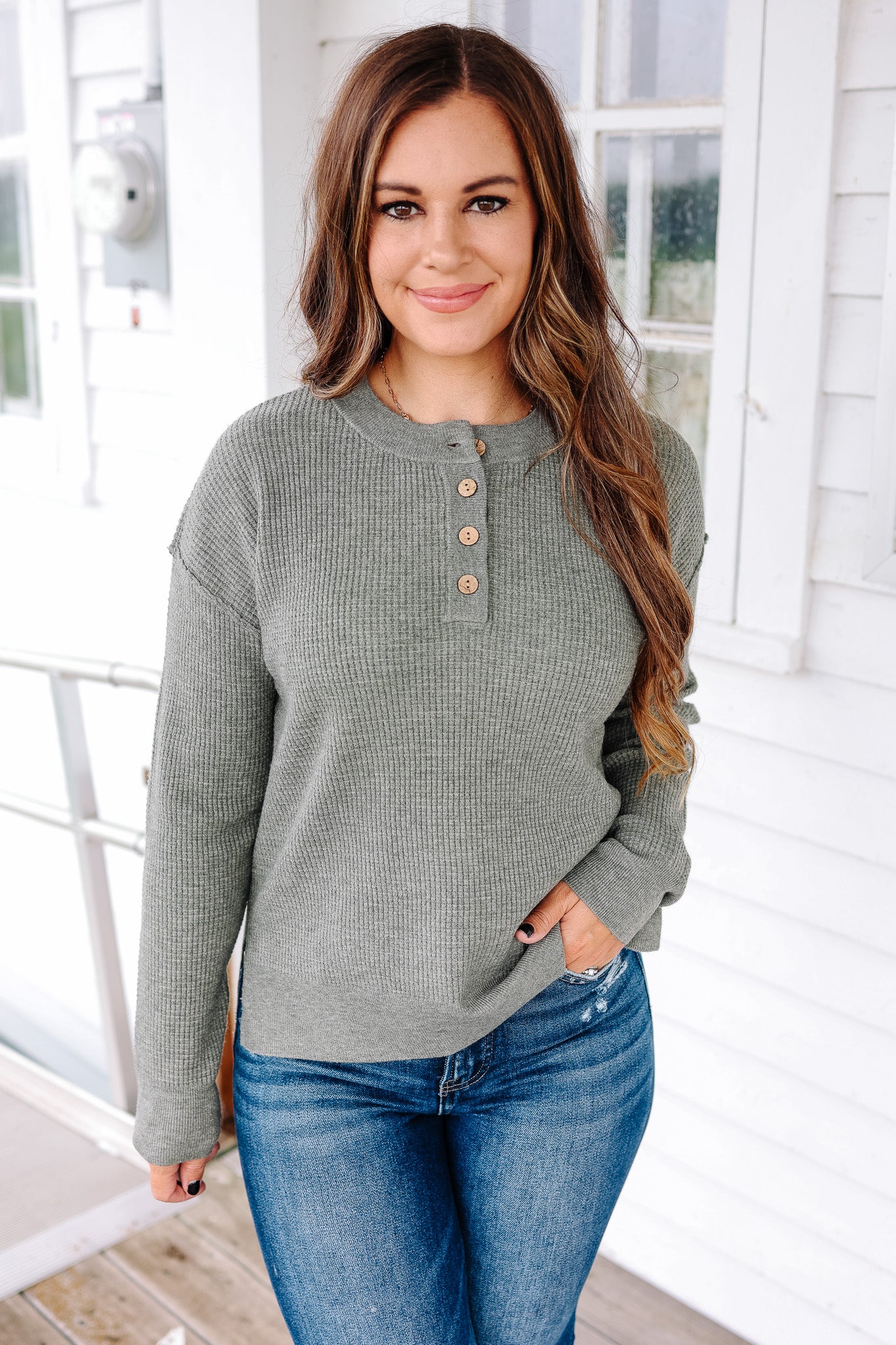 Gianna Waffle Sweater - Olive