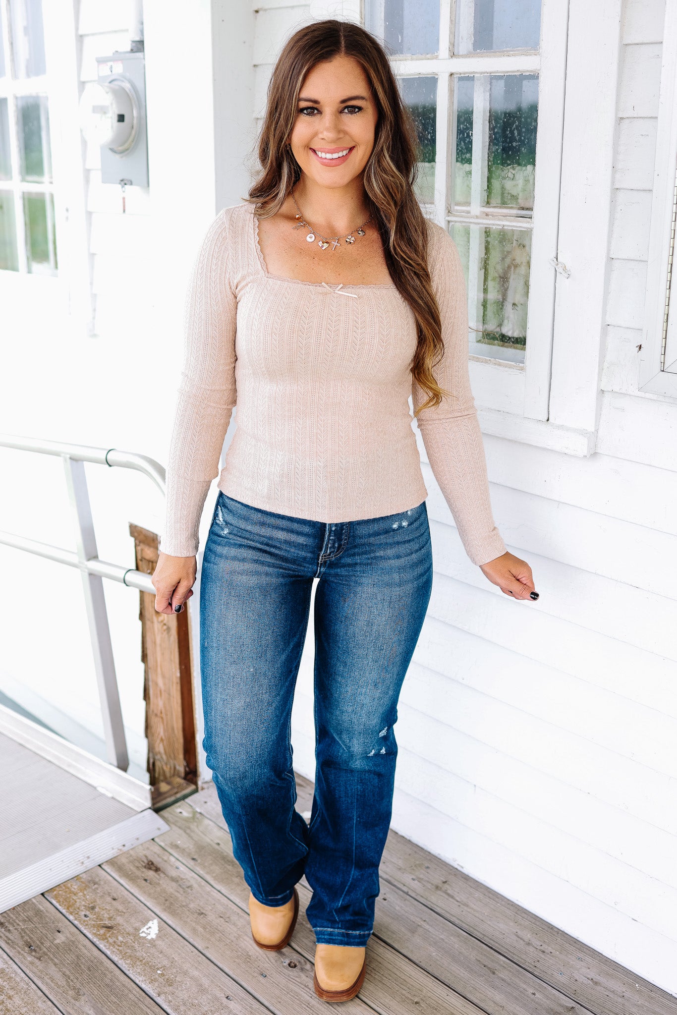 Holly Lace Edge Pointelle Top - Taupe