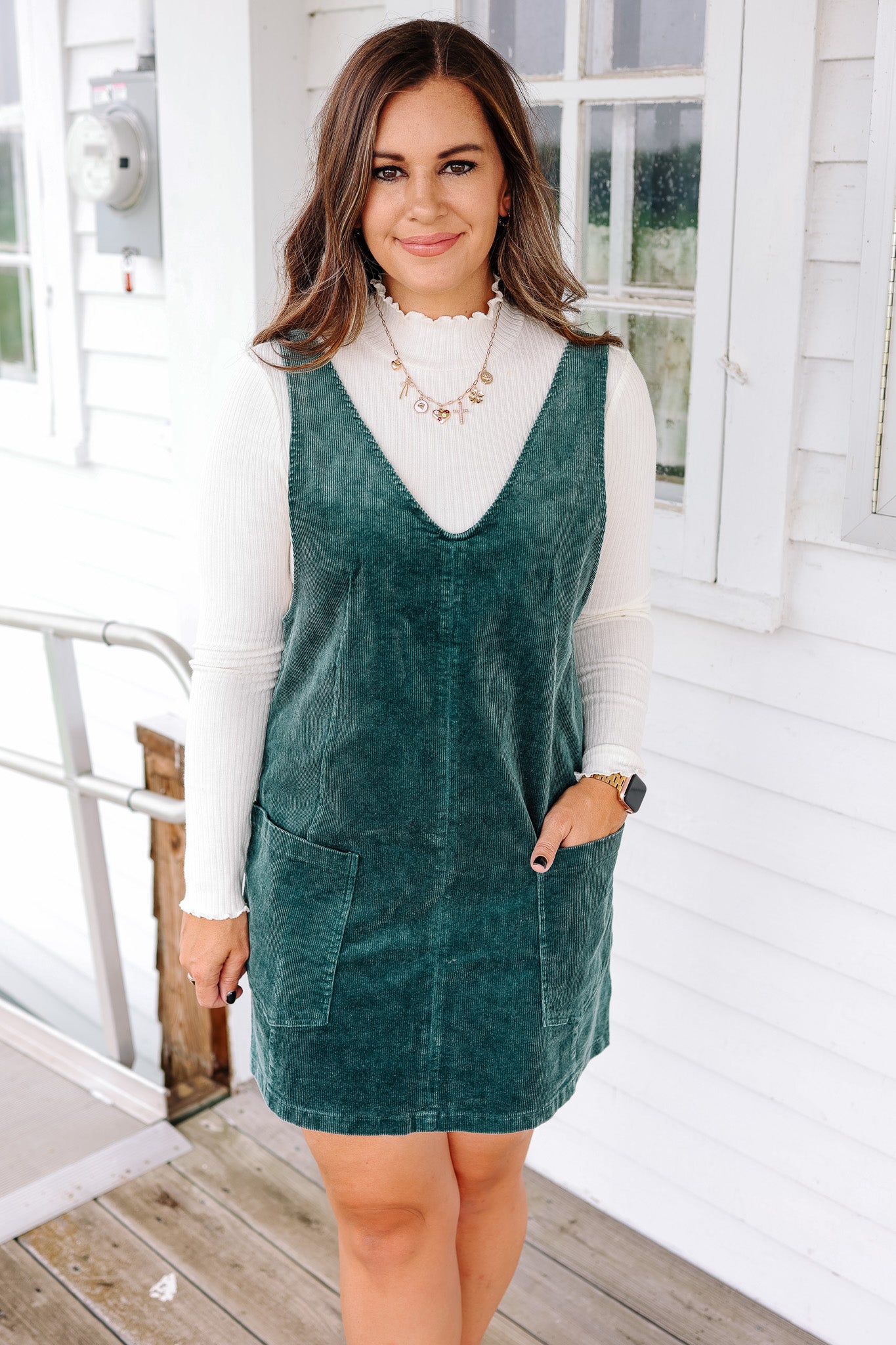 Brynn Corduroy Overall Dress - Hunter Green