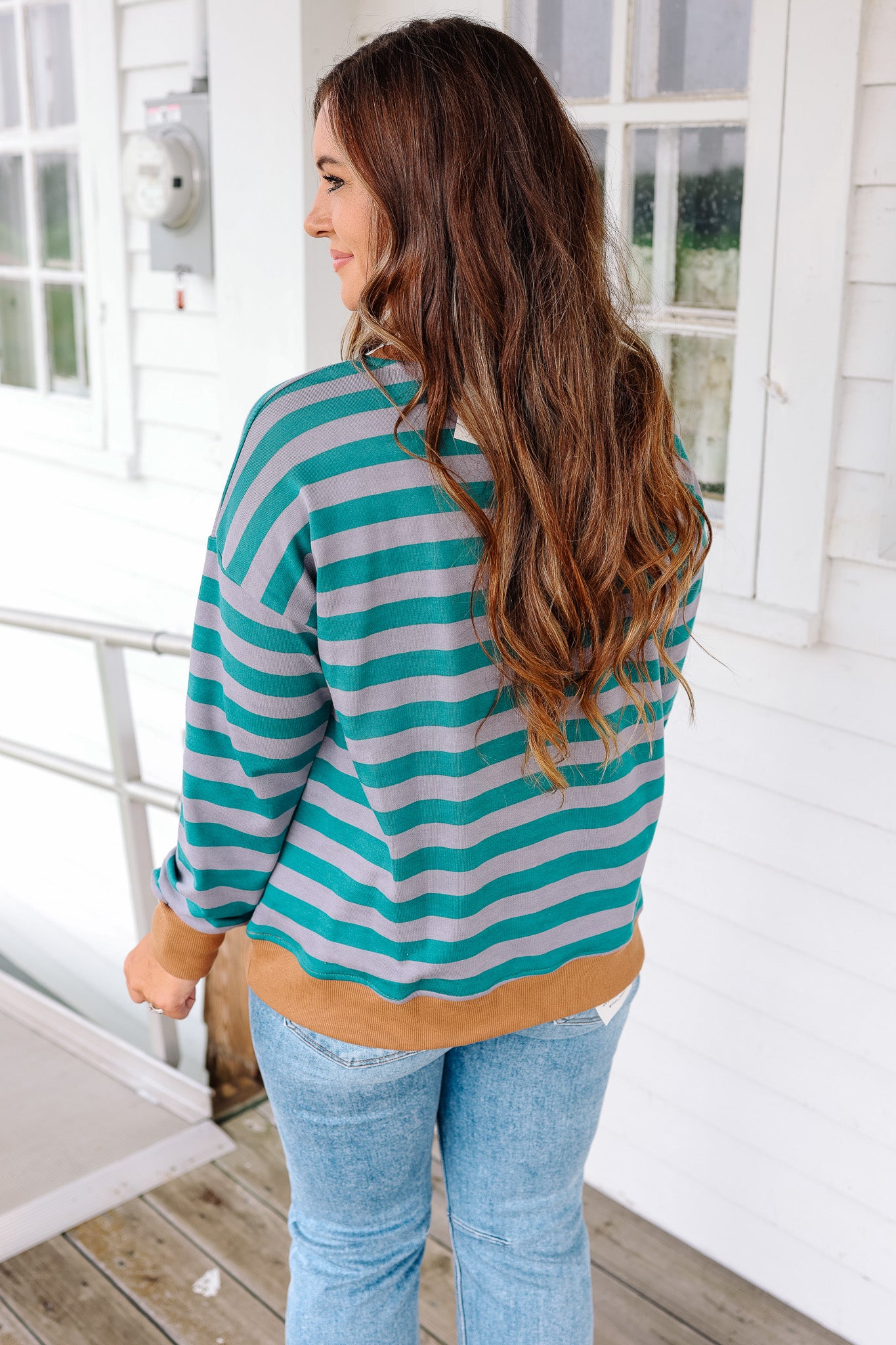 Wren Color Contrast Stripe Sweatershirt - Teal/Caramel