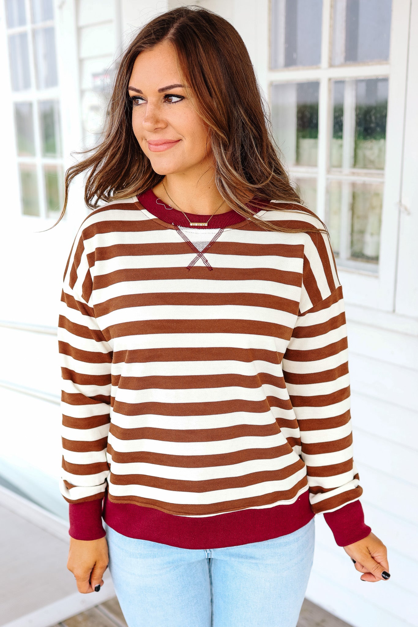 Wren Color Contrast Stripe Sweatershirt - Tobacco Brown