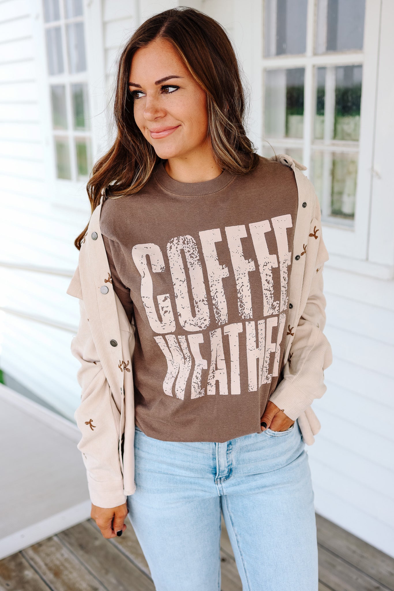 Coffee Weather Block Letters Graphic Tee - Espresso