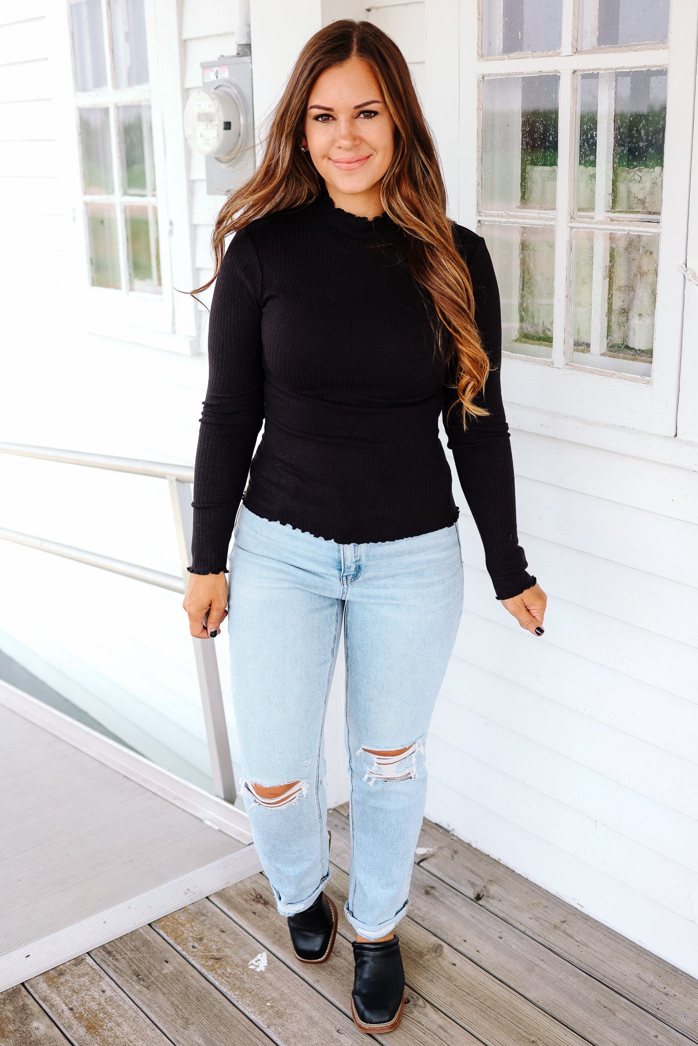 Josie Mock Neck Ribbed Top - Black