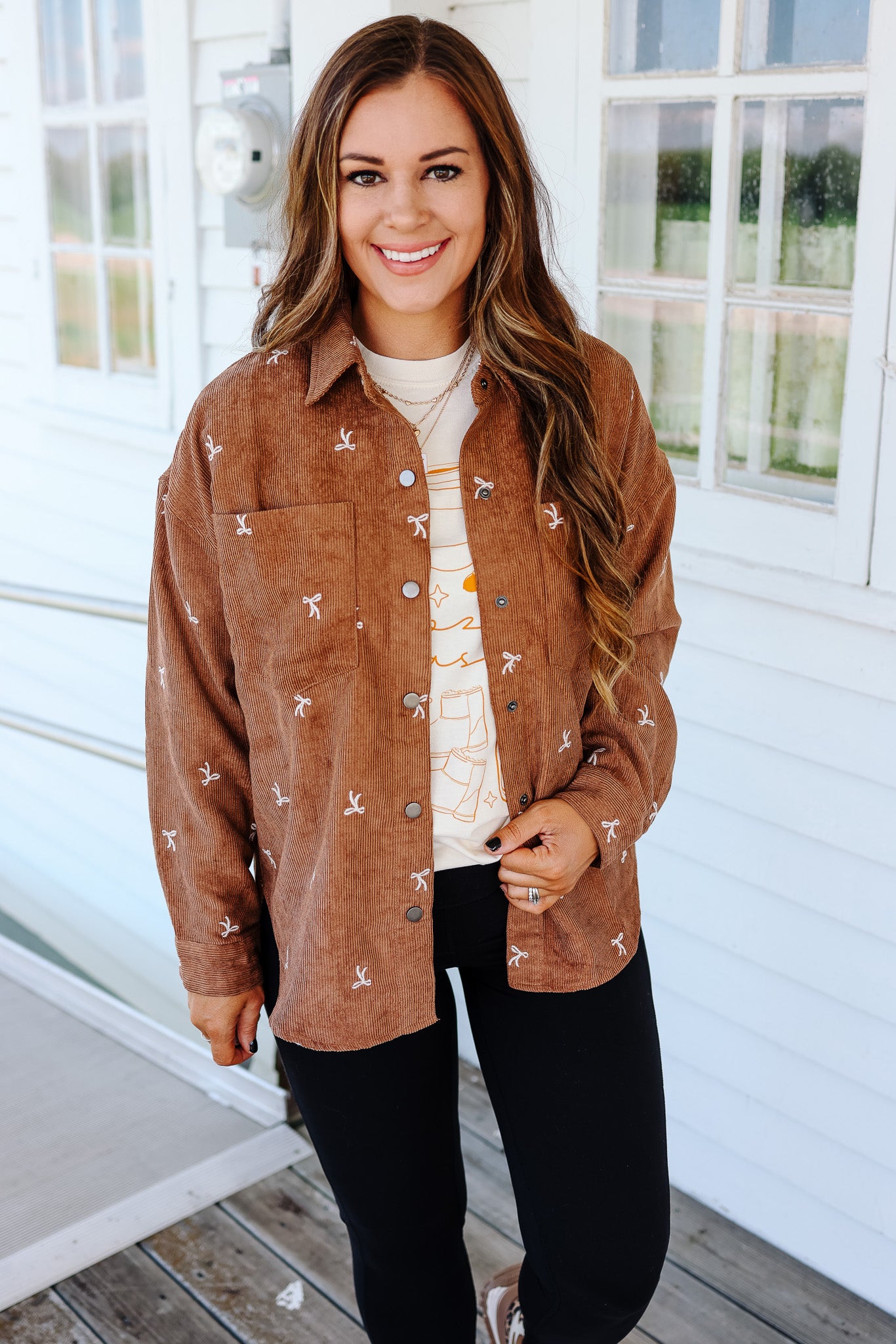 Tessa Bow Embroidered Corduroy Shirt - Brown