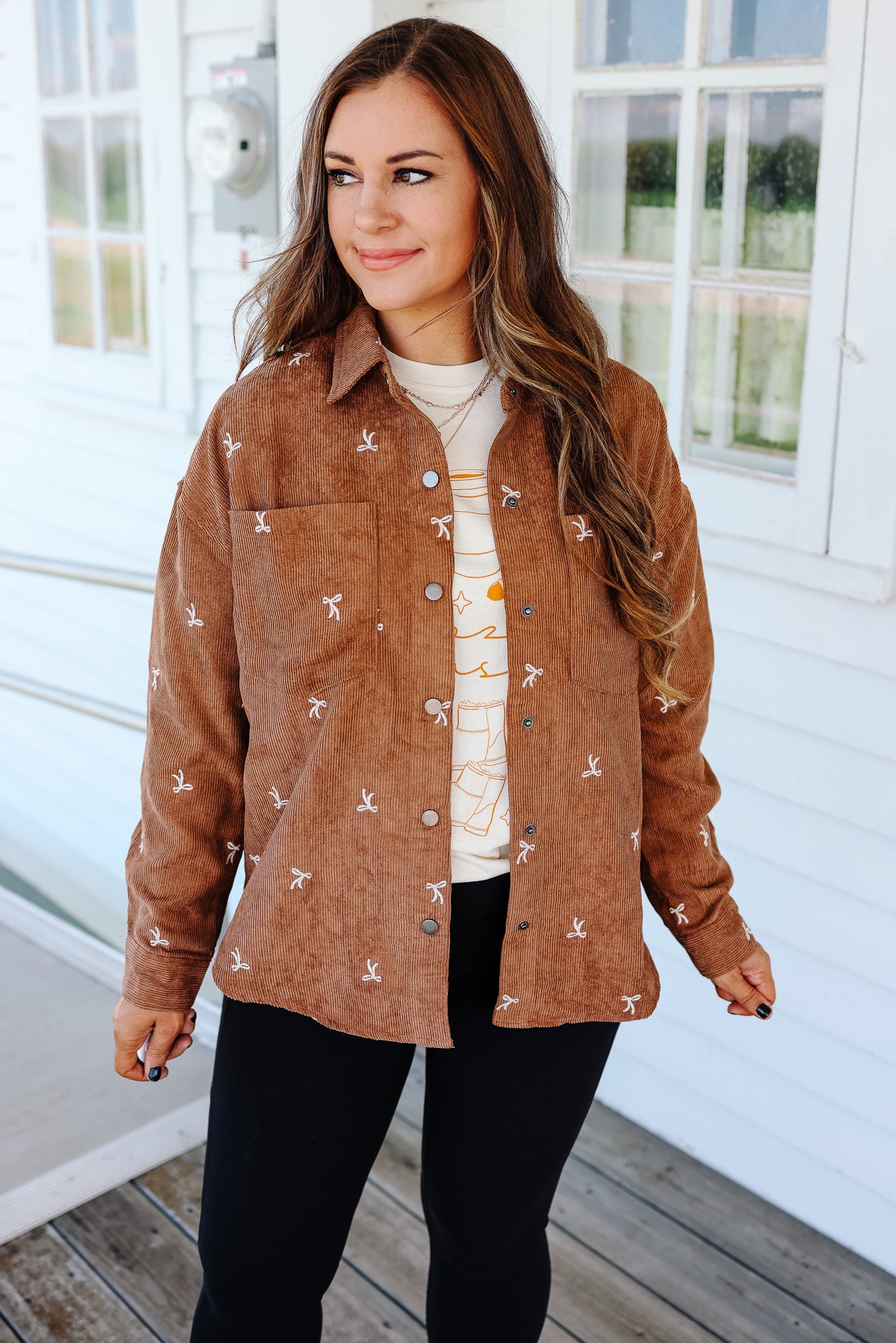 Tessa Bow Embroidered Corduroy Shirt - Brown
