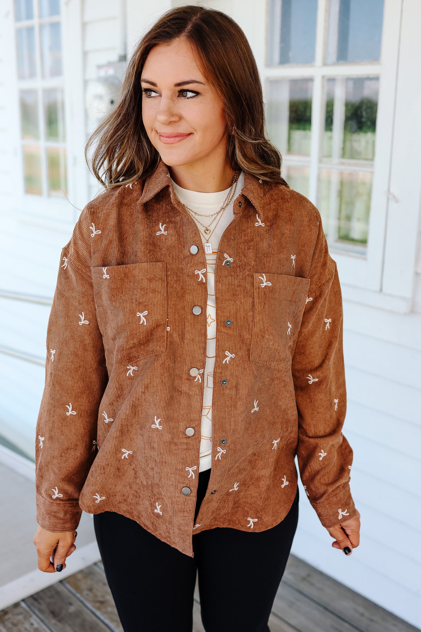 Tessa Bow Embroidered Corduroy Shirt - Brown