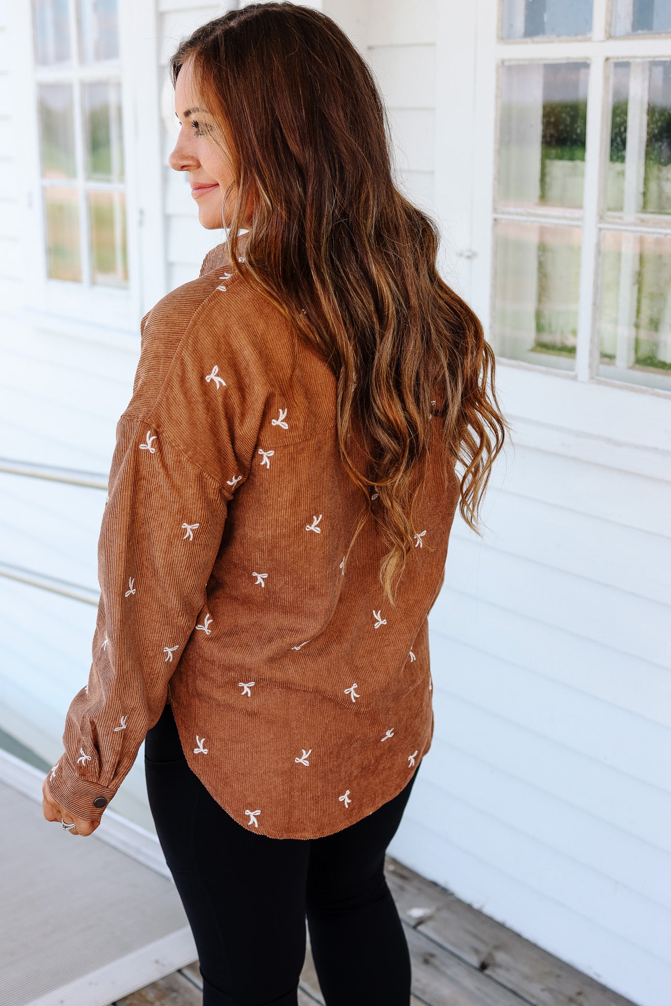 Tessa Bow Embroidered Corduroy Shirt - Brown