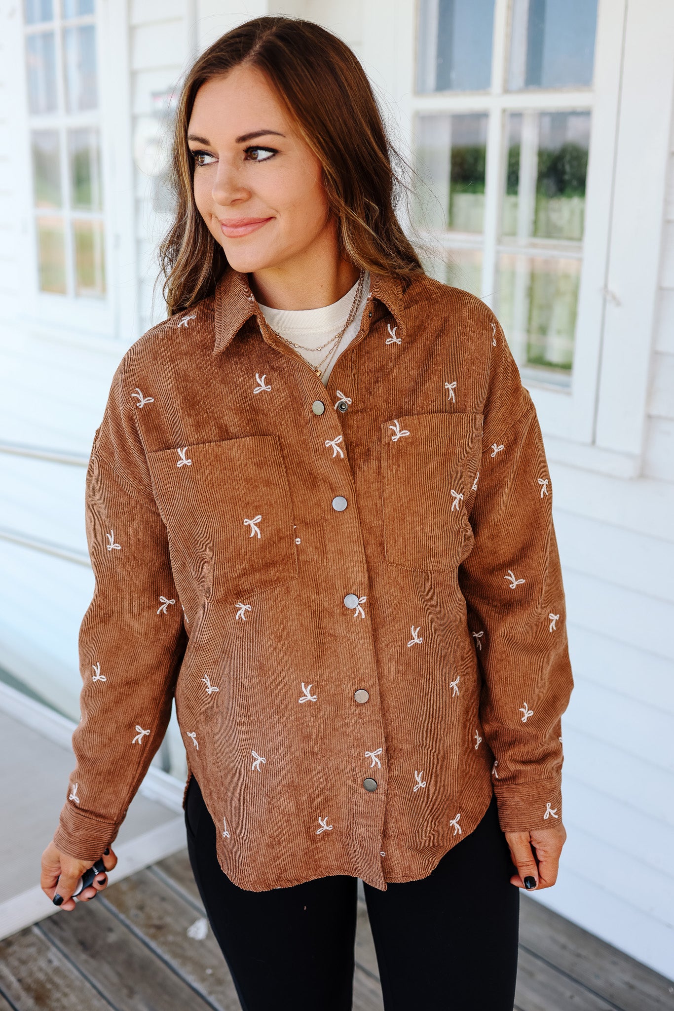 Tessa Bow Embroidered Corduroy Shirt - Brown