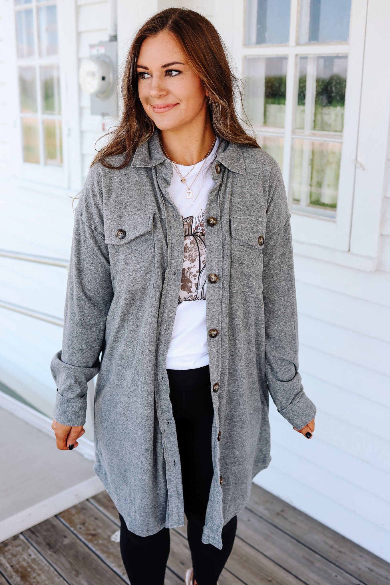 Rita Brushed Long Line Shacket - Grey