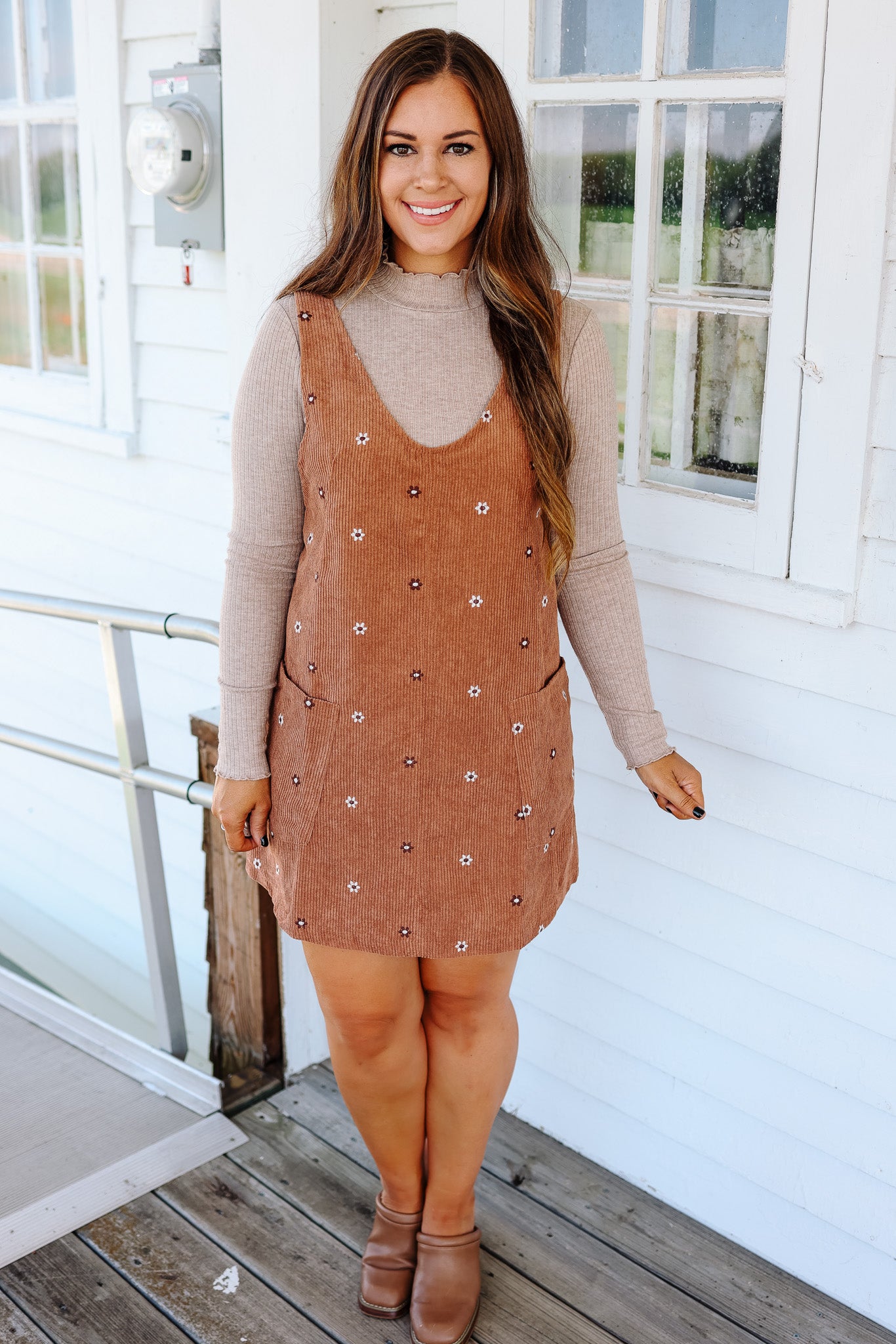 Mya Embroidered Corduroy Overall Dress - Caramel