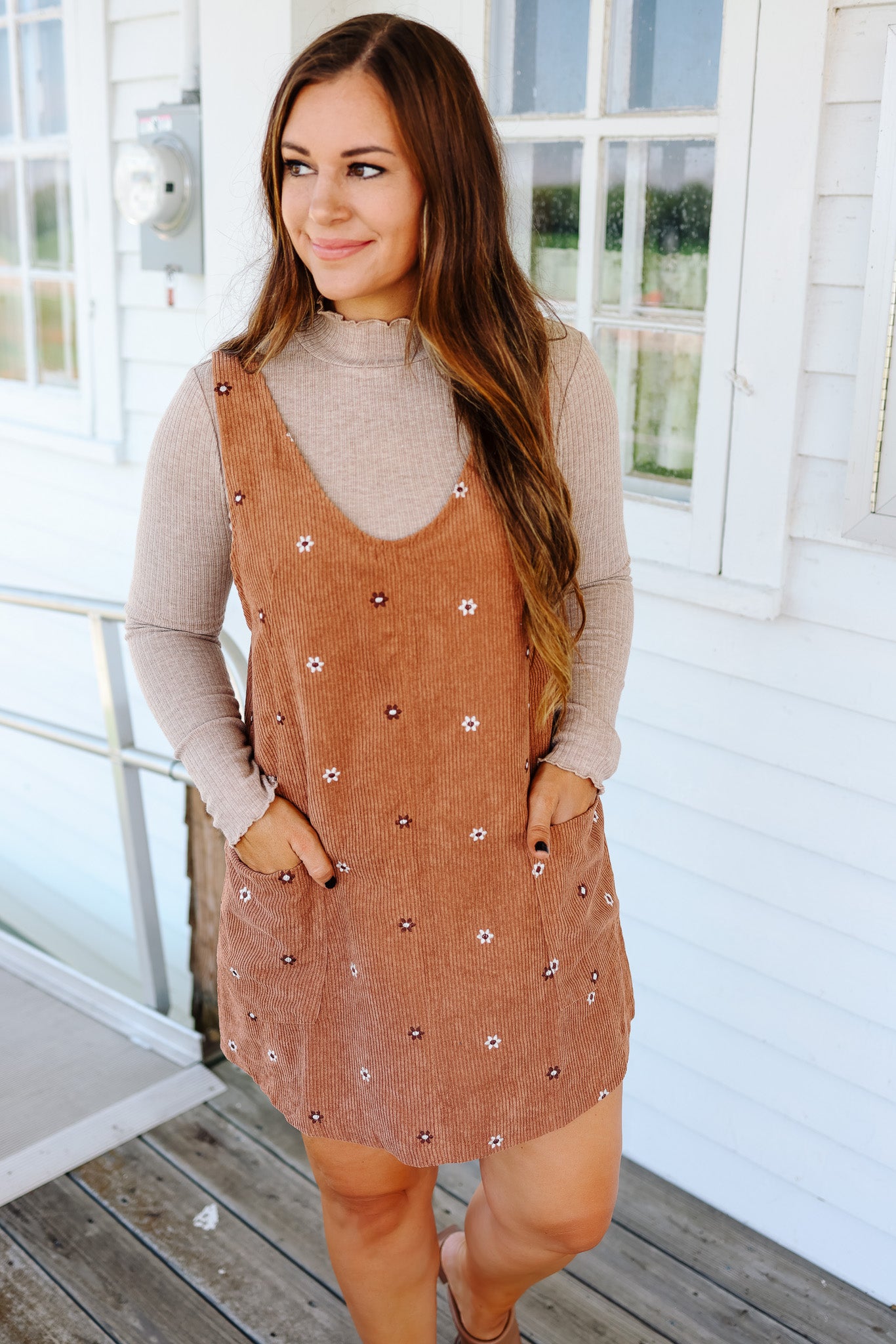 Mya Embroidered Corduroy Overall Dress - Caramel