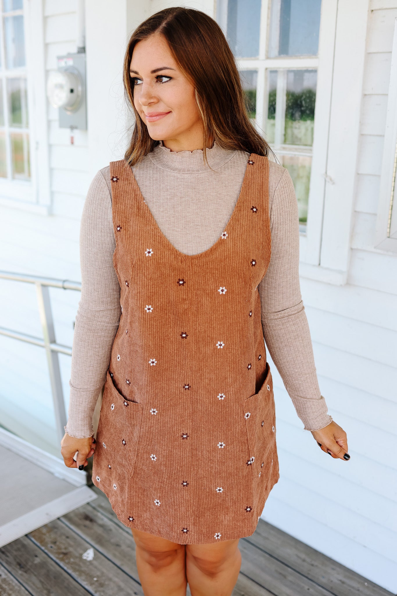 Mya Embroidered Corduroy Overall Dress - Caramel