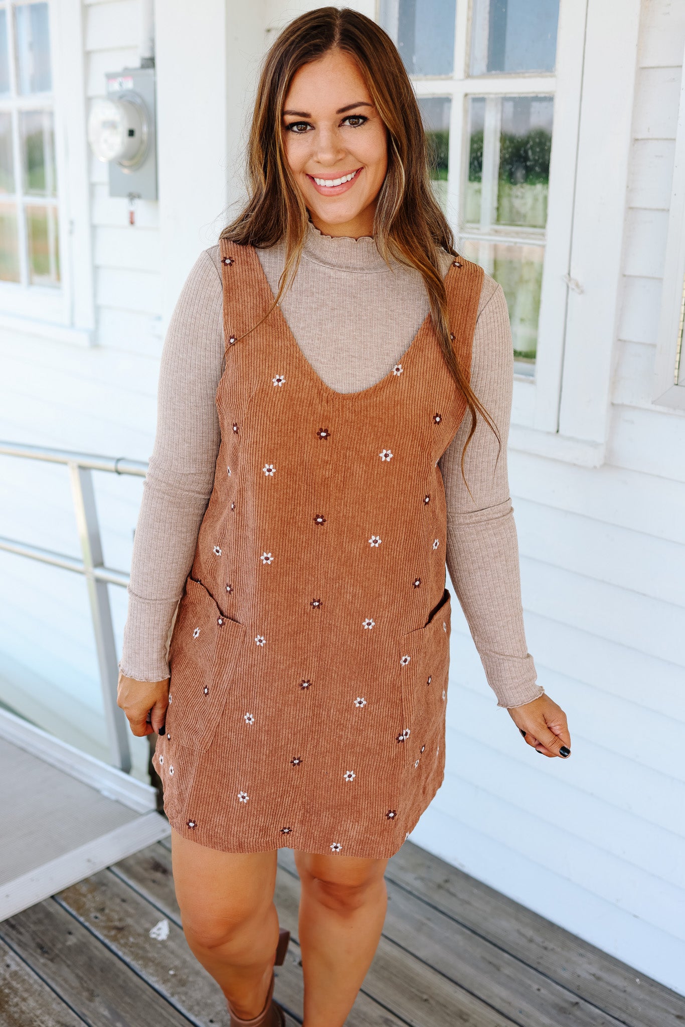 Mya Embroidered Corduroy Overall Dress - Caramel