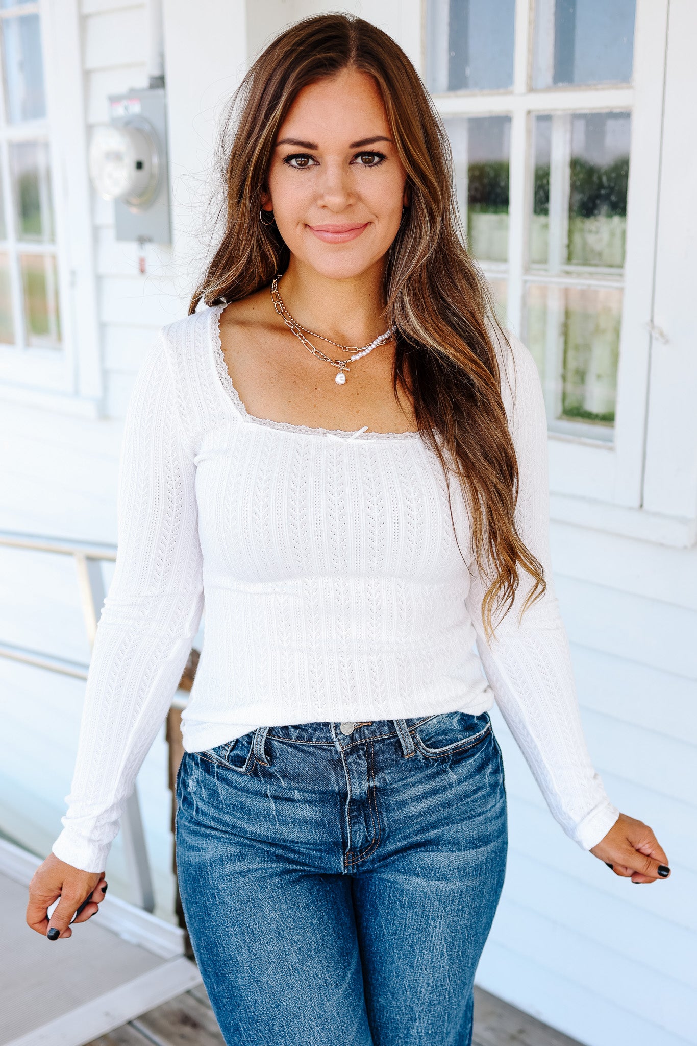 Holly Lace Edge Pointelle Top - Off White