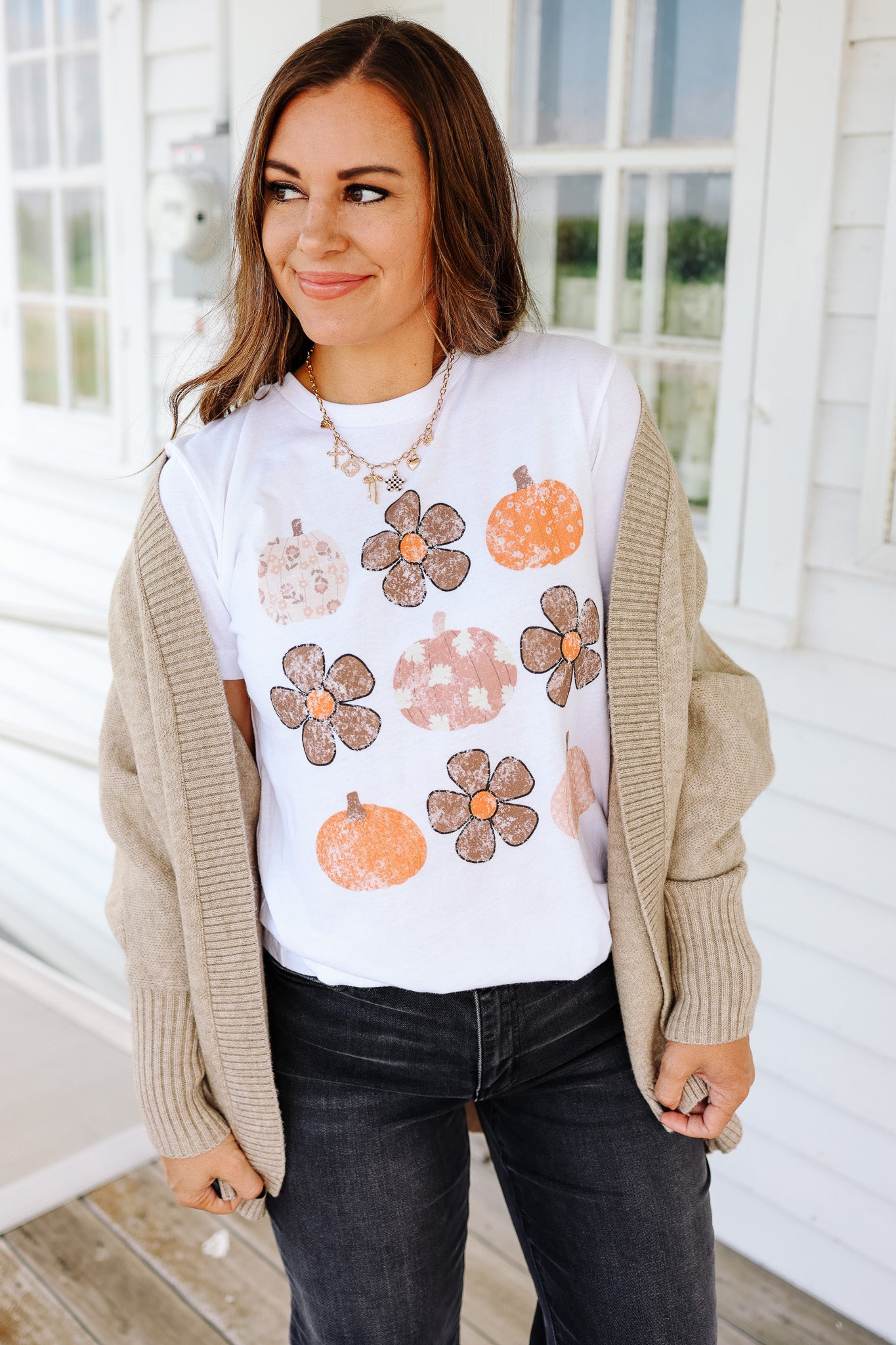 Boho Flowers & Pumpkins Graphic Tee- White