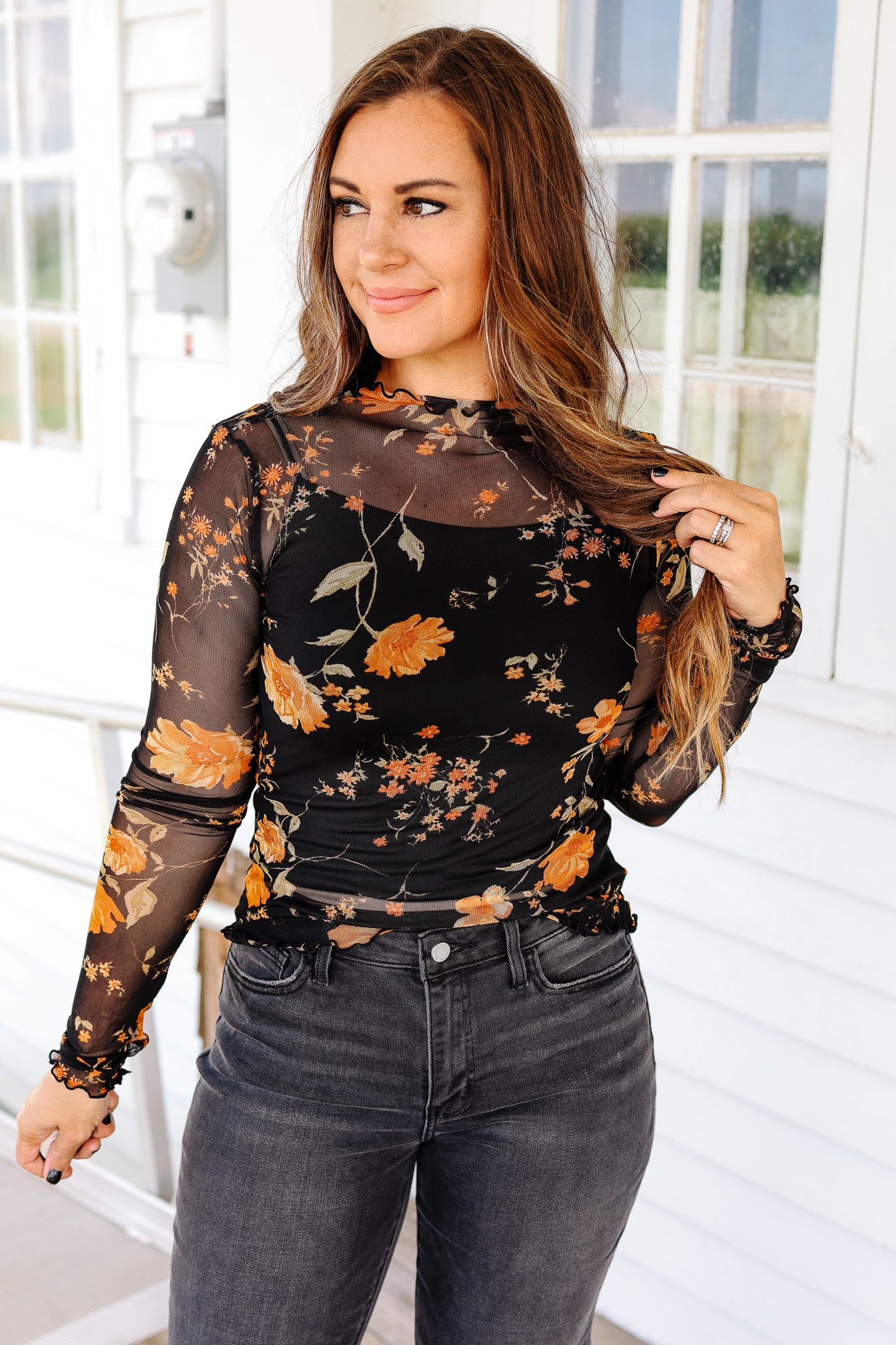 Hailey Floral Mesh Printed Top - Black