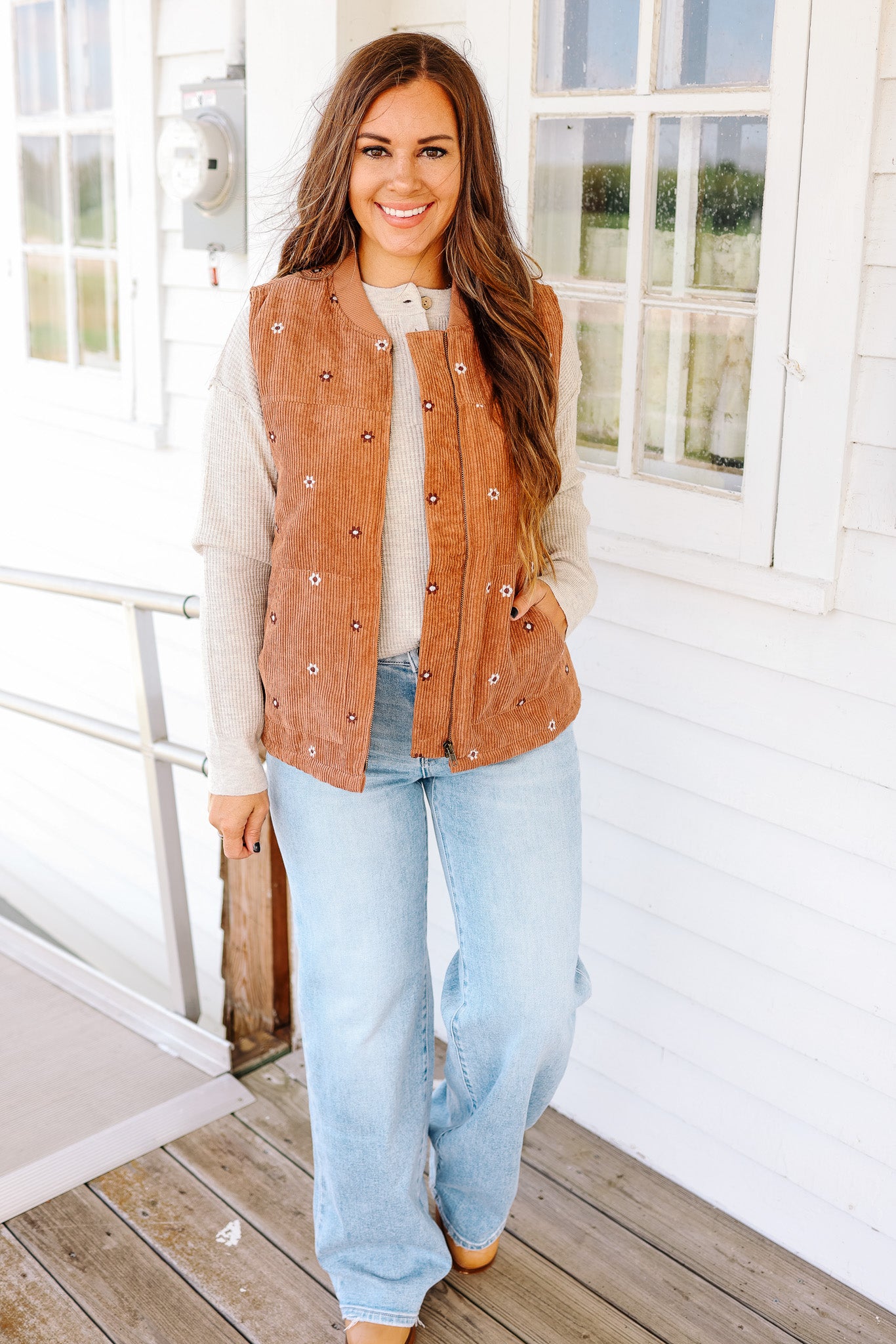 Rowan Embroidered Corduroy Vest - Caramel