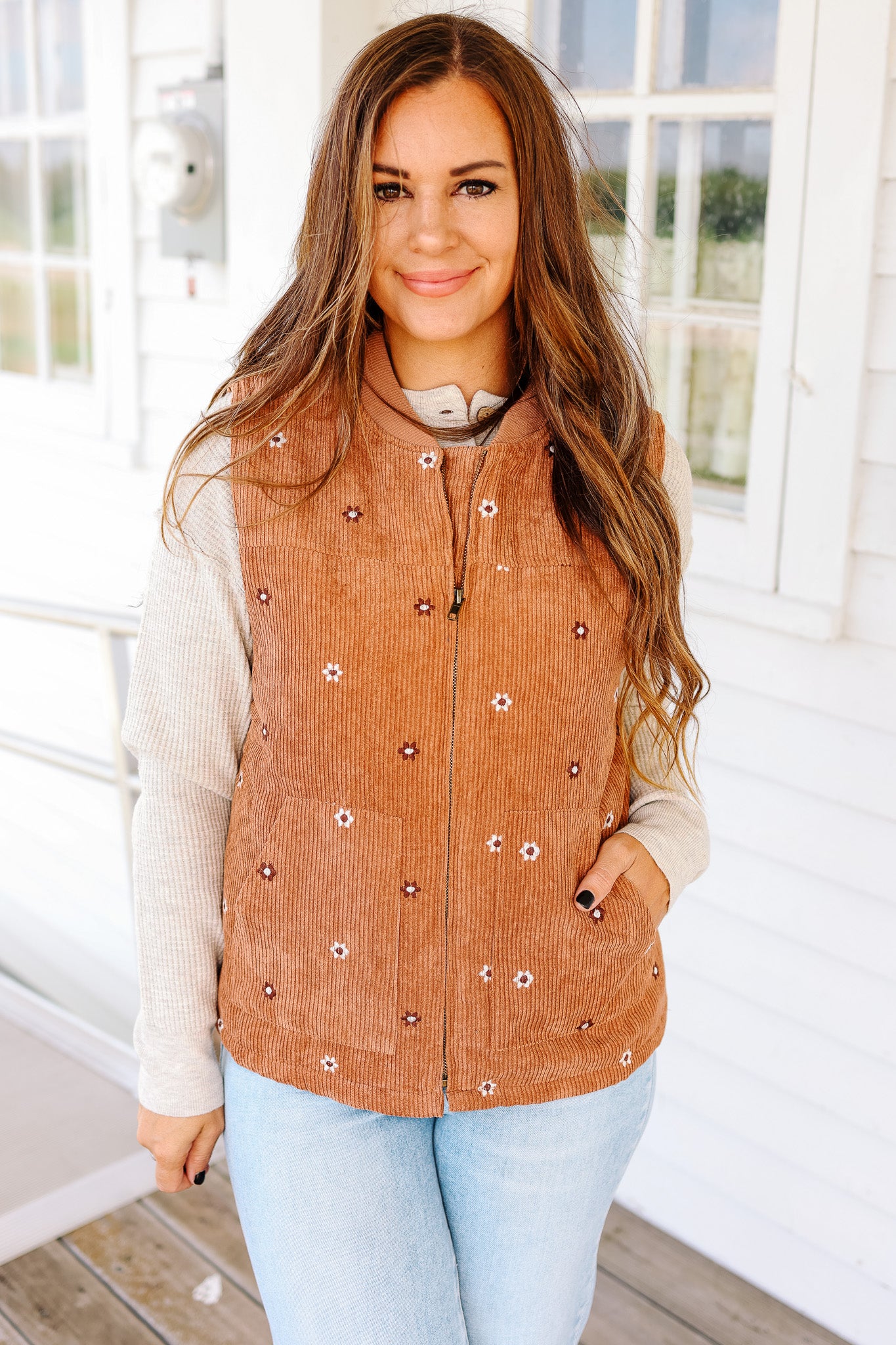 Rowan Embroidered Corduroy Vest - Caramel